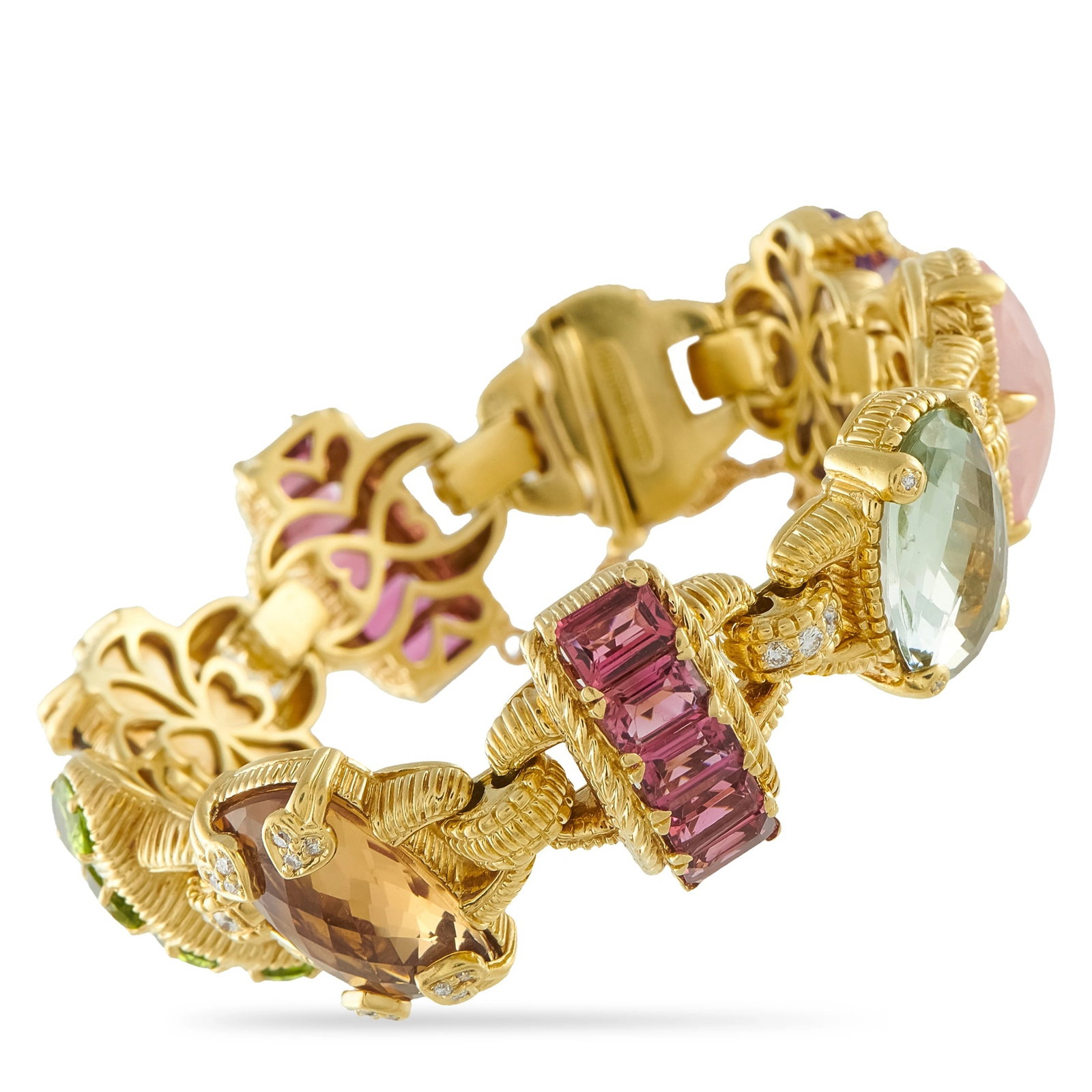 Judith Ripka 18K Yellow Gold 1.0ct Diamond and Multiple Gemstone Bracelet: This Judith Ripka bracelet is filled with exquisite details. A stunning combination of gemstones come together to fill this piece with color, texture, and dimension. Diamonds with a total weight of 1.