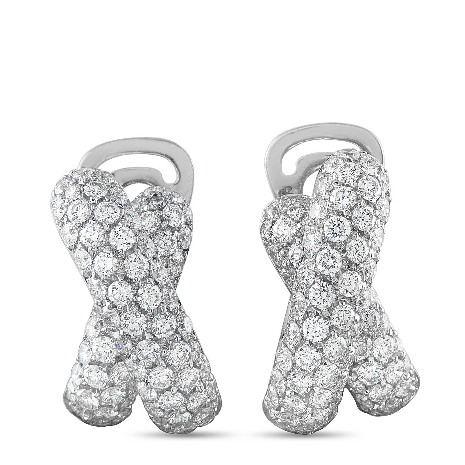18K White Gold 3.33ct Diamond Crossover Earrings: A boldly glamorous pair of estate diamond crossover earrings in 18K white gold, featuring 3.33 carats of pavé-set round brilliant diamonds. Each earring presents an X-form crossover silhouette entire
