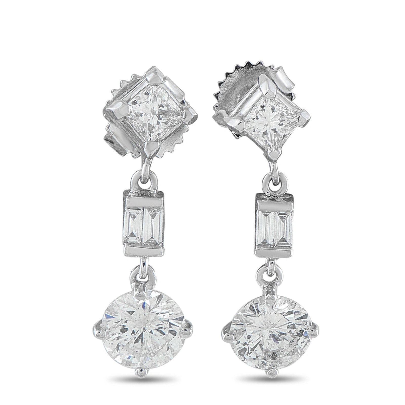 18K White Gold 3.25ct Diamond Drop Earrings: A striking pair of estate diamond drop earrings crafted in 18K white gold, featuring 3.25 carats of elegant diamonds in a three-element linear design. Each earring begins with a square princess-cut di