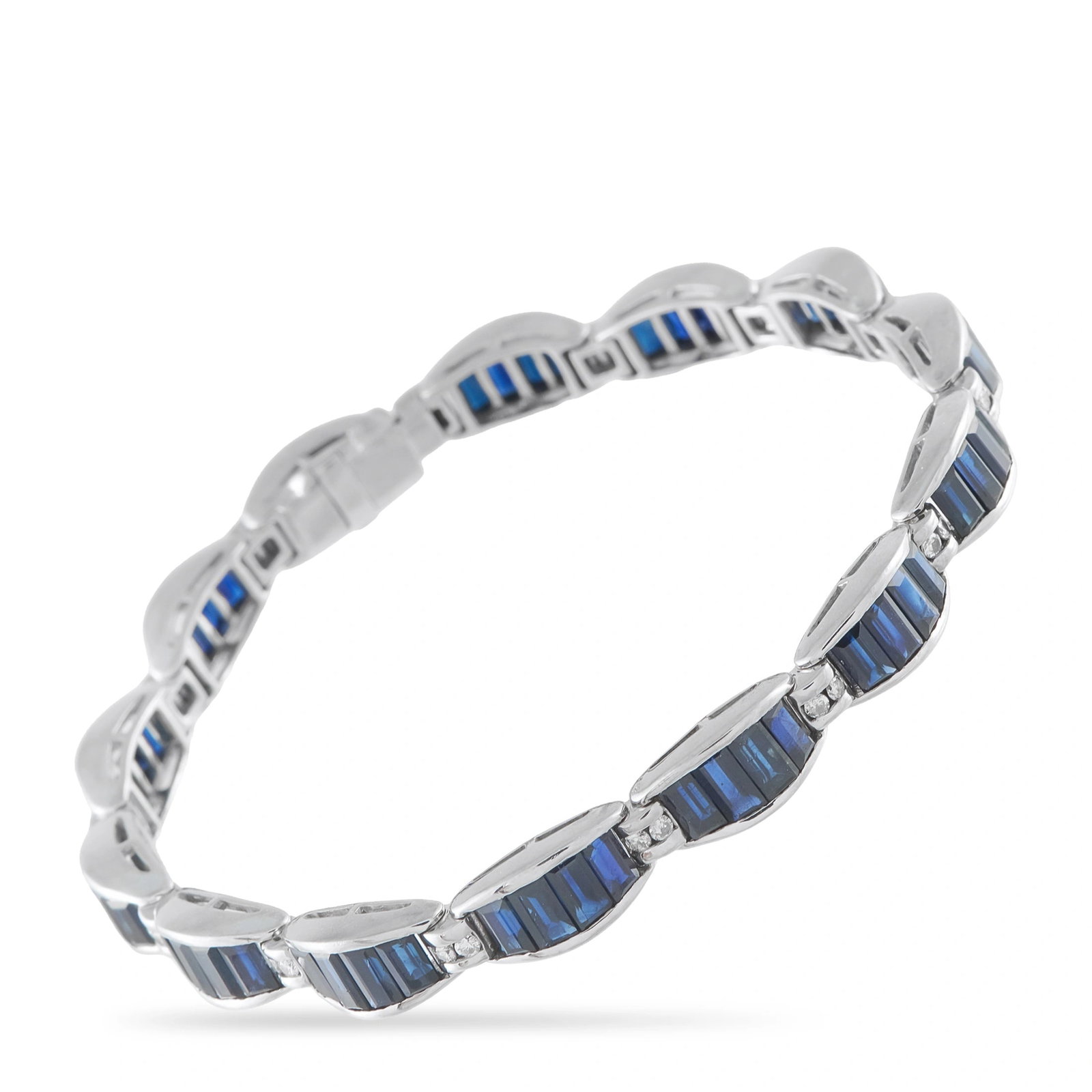 18K White Gold 0.45ct Diamond and Sapphire Bracelet: This bracelet will effortlessly elevate any ensemble. Simple and incredibly elegant, Sapphires with a total weight of 19.80 carats make it come alive with color. Diamond accents with a total weight of
