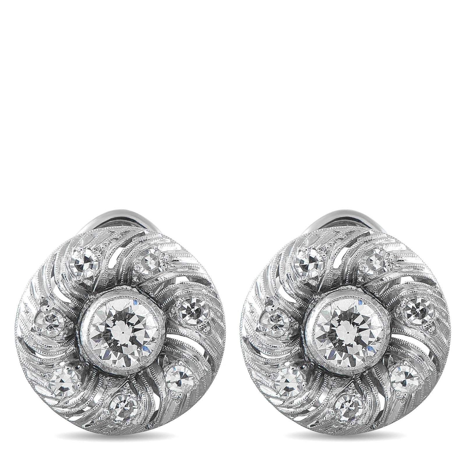 18K White Gold 1.40ct Diamond Swirl Earrings: Magnificent 18K white gold dome cluster earrings in an elegant estate swirl design. Each earring presents a rounded domed surface of deeply ridged milgrain ribbons radiating outward in a hypnotic swir