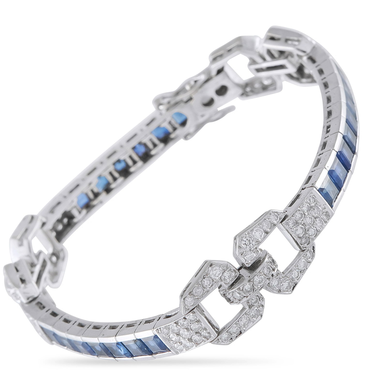 18K White Gold 2.75ct Diamond and Sapphire Art Deco Bracelet: A breathtaking Art Deco-inspired bracelet in 18K white gold, set with 2.75 ct of round brilliant diamonds and 6.0 ct of channel-set square-cut royal blue sapphires. The centerpiece showcases two inter