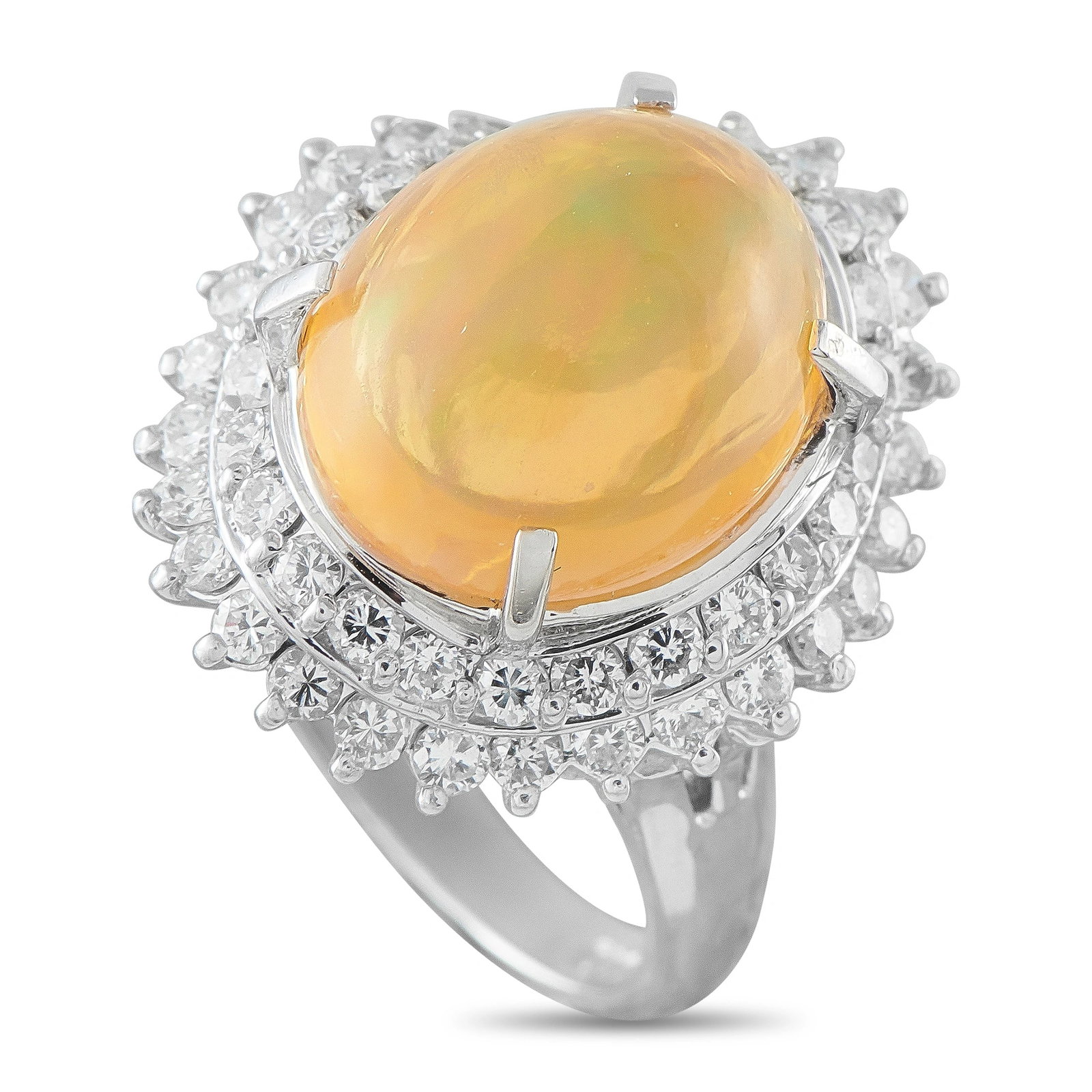 Platinum 1.03ct Diamond and Opal Ring: This luxury ring is endlessly charming. A double halo of Diamonds with a total weight of 1.03 carat surrounds this piece’s vibrant 5.70 carat Opal center stone, which will instantly add a pop of col