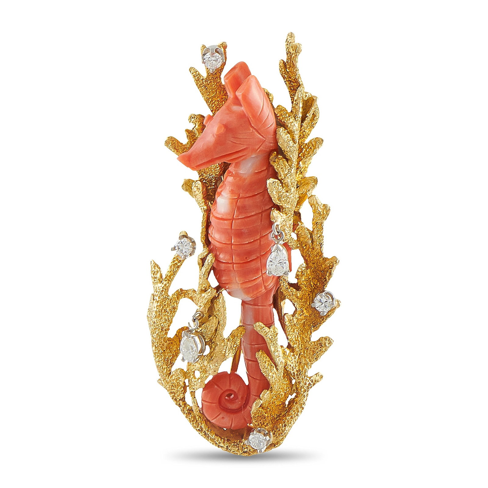 18K Yellow Gold 0.70ct Diamond and Coral Seahorse Brooch: This detailed brooch depicts one of the world’s most alluring animals. The carved Coral seahorse contrasts beautifully against the textured 18K Yellow Gold metalwork. Sparkling Diamonds with a total
