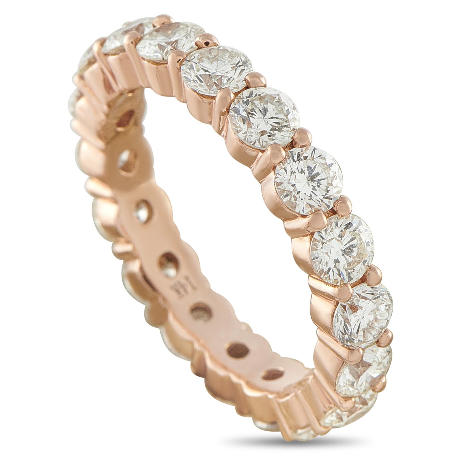 14K Rose Gold 4.50ct Diamond Eternity Band: This breathtaking estate 14K rose gold diamond eternity band is set with round brilliant-cut diamonds totaling 4.50 carats, uniformly set in shared prong settings continuously around the entire band. 