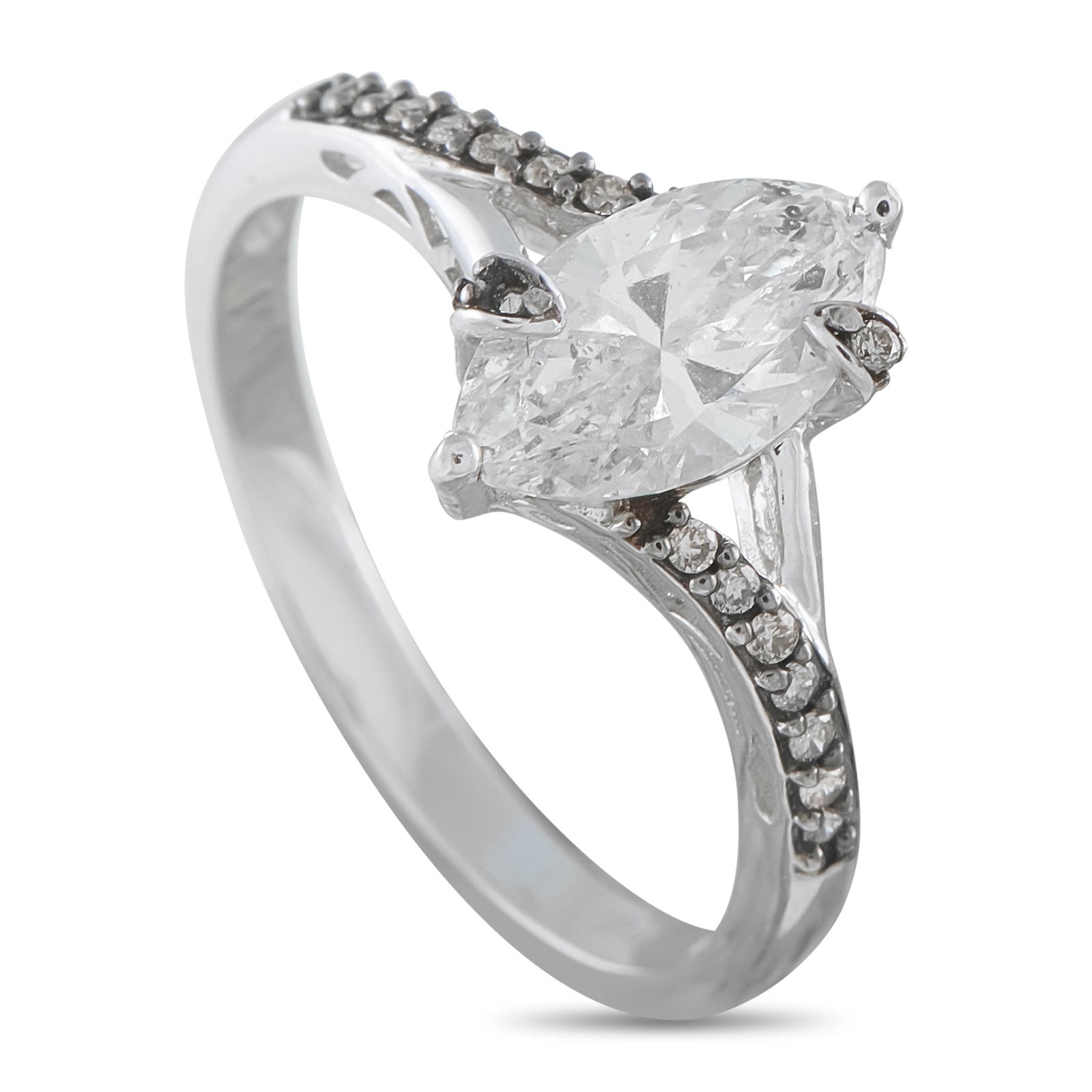 10K White Gold 1.30ct Diamond Ring: This luxury ring offers a unique design that will continually captivate. A 1.23 carat marquise cut Diamond makes a statement at the center of this piece’s intricate 10K White Gold setting. Additiona