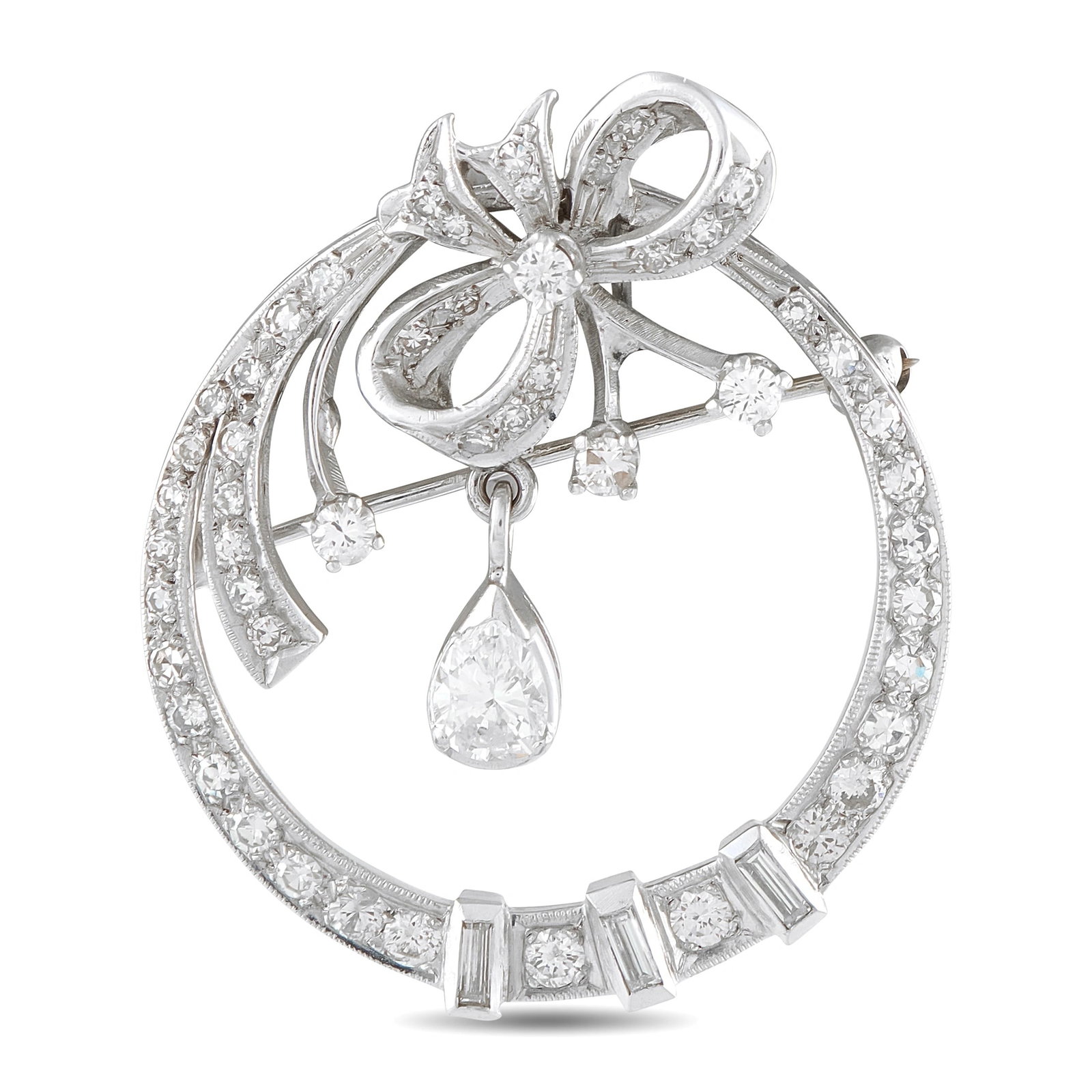 14K White Gold 1.40ct Diamond Brooch: A circular design makes this luxury brooch a fabulous addition to any ensemble. Ribbon details make the 14K White Gold setting incredibly chic, while sparkling Diamond with a total weight of 1.40 cara
