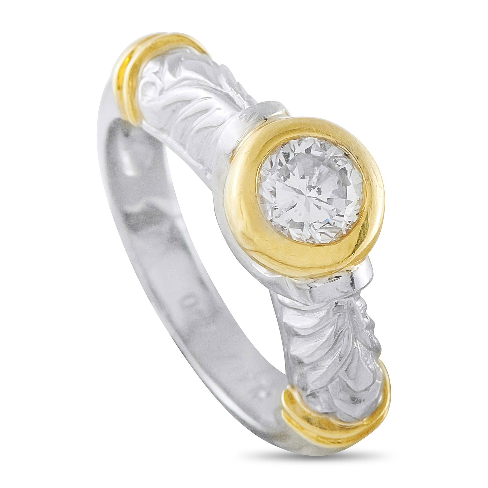 Platinum and 18K Yellow Gold 0.60ct Diamond Ring: This luxury ring offers clean lines and a classic sense of sophistication. At the center of the two-toned setting, a 0.60 carat round-cut Diamond with I color and SI2 clarity makes a sparkling stateme