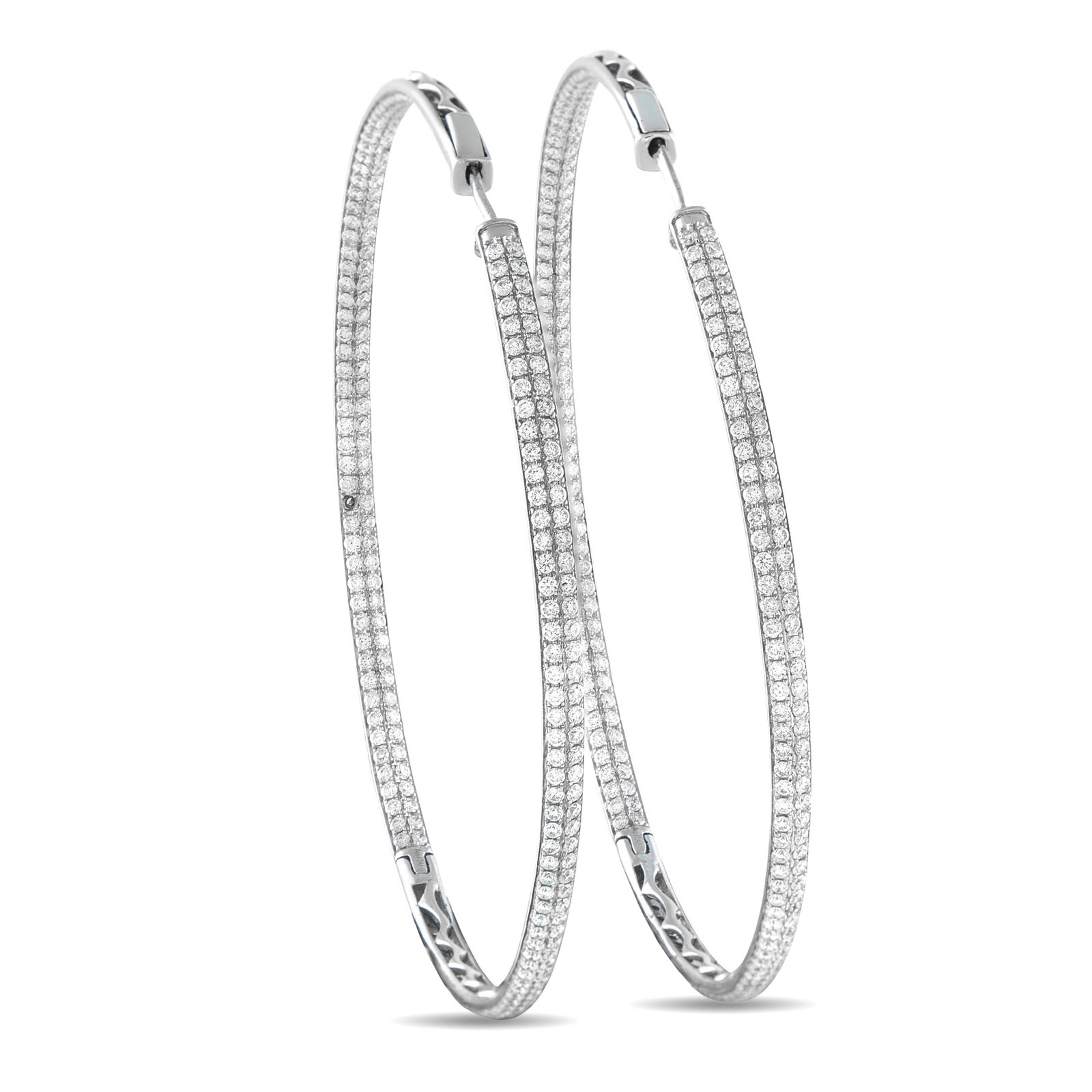 18K White Gold 5.20ct Diamond Inside-Out Hoop Earrings: These magnificent estate 18K white gold hoop earrings are a masterwork of pavé diamond craftsmanship. Each large hoop is fully encrusted with a double row of round brilliant diamonds set in a micro-p