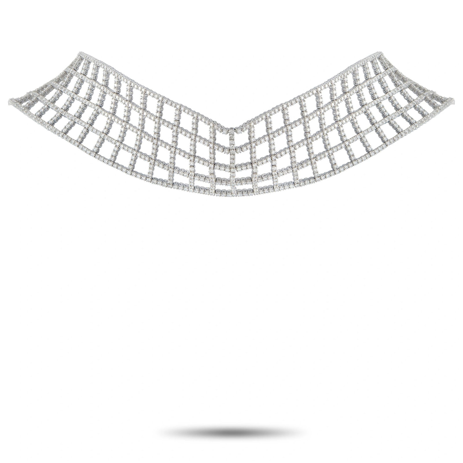 18K White Gold 25.20ct Diamond Lattice Choker Necklace: This choker style necklace is delicate, dynamic, and incredibly impressive. The 18K White Gold setting features a lattice pattern that will continually make a statement. Diamonds with a total weight o