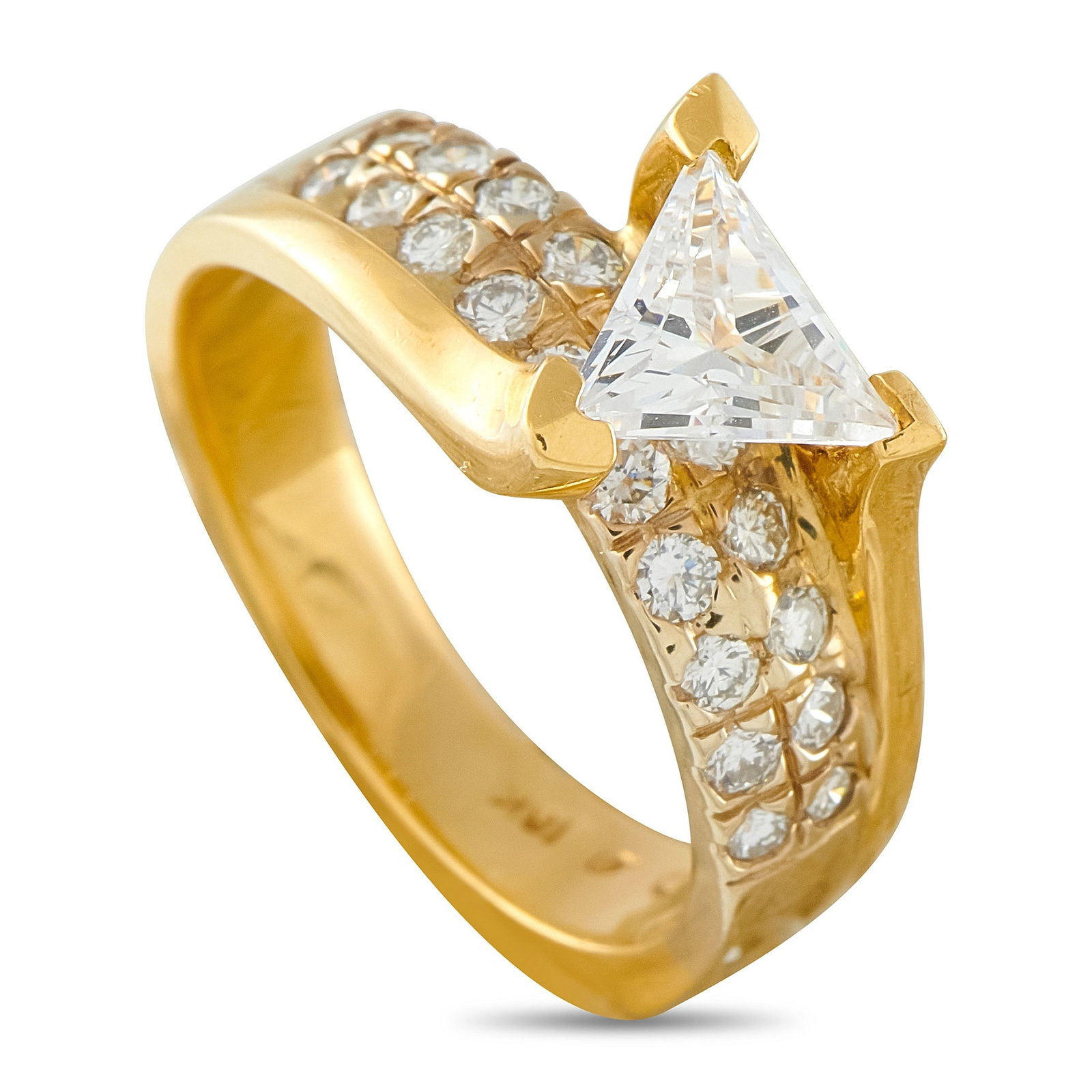 18K Yellow Gold 1.40ct Diamond Ring: A bold and architectural cocktail ring in 18K yellow gold, showcasing a trillion-cut diamond center stone of approximately 1.00 carats prong-set in a three-corner gold mounting. The wide, matte-finish