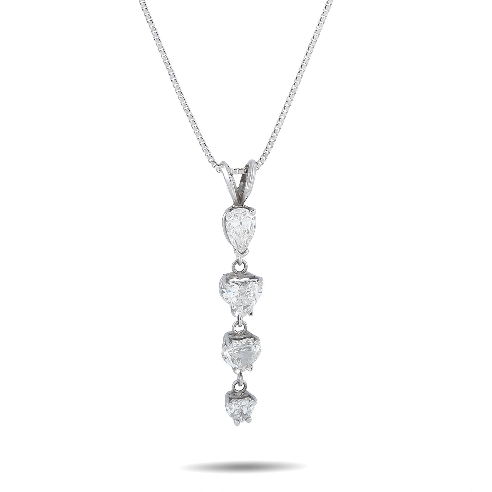 14K White Gold 2.0ct Diamond Drop Pendant: An elegant pendant necklace in 14K white gold, featuring four graduating heart-shaped diamonds suspended in a vertical drop totaling 2.0 carats. Each diamond is individually prong-set in a white gold 
