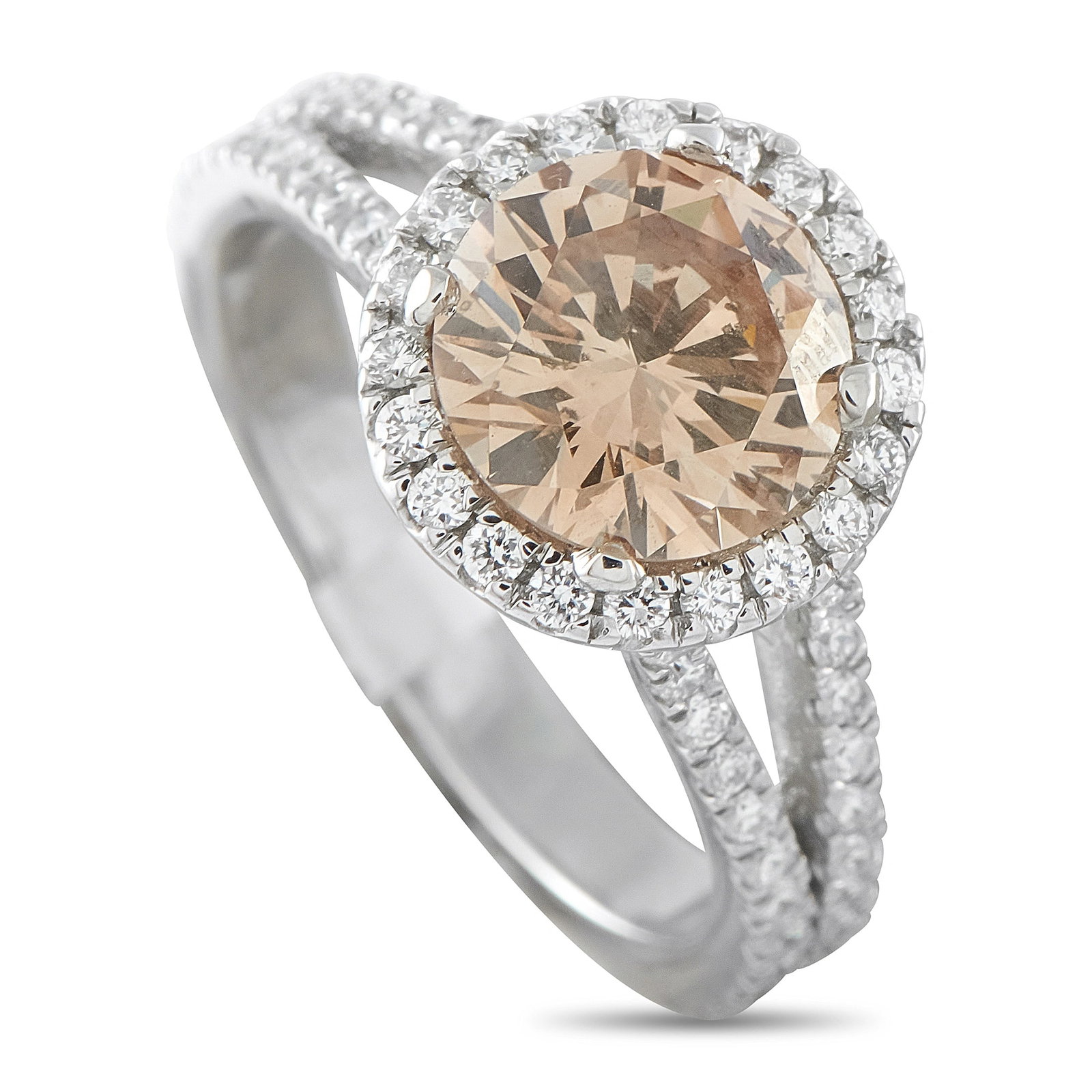 Platinum 2.42ct Diamond Halo Ring: A breathtaking halo ring in platinum, featuring a large round brilliant center diamond of approximately 2.10 ct surrounded by a 0.32 ct diamond halo and pave-set diamond shoulders on a split shank, to