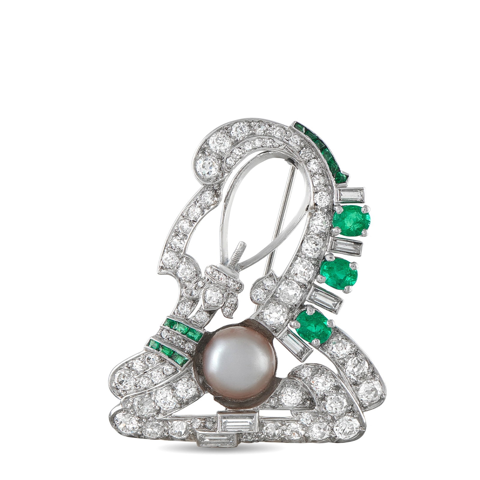 14K White Gold 2.70ct Diamond, Pearl, and Emerald Brooch: A dynamic design makes this luxury brooch instantly eye-catching. Diamonds with a total weight of 2.70 carats effortlessly catch the light, while Emerald accents totaling 1.0 carats provide a delightf