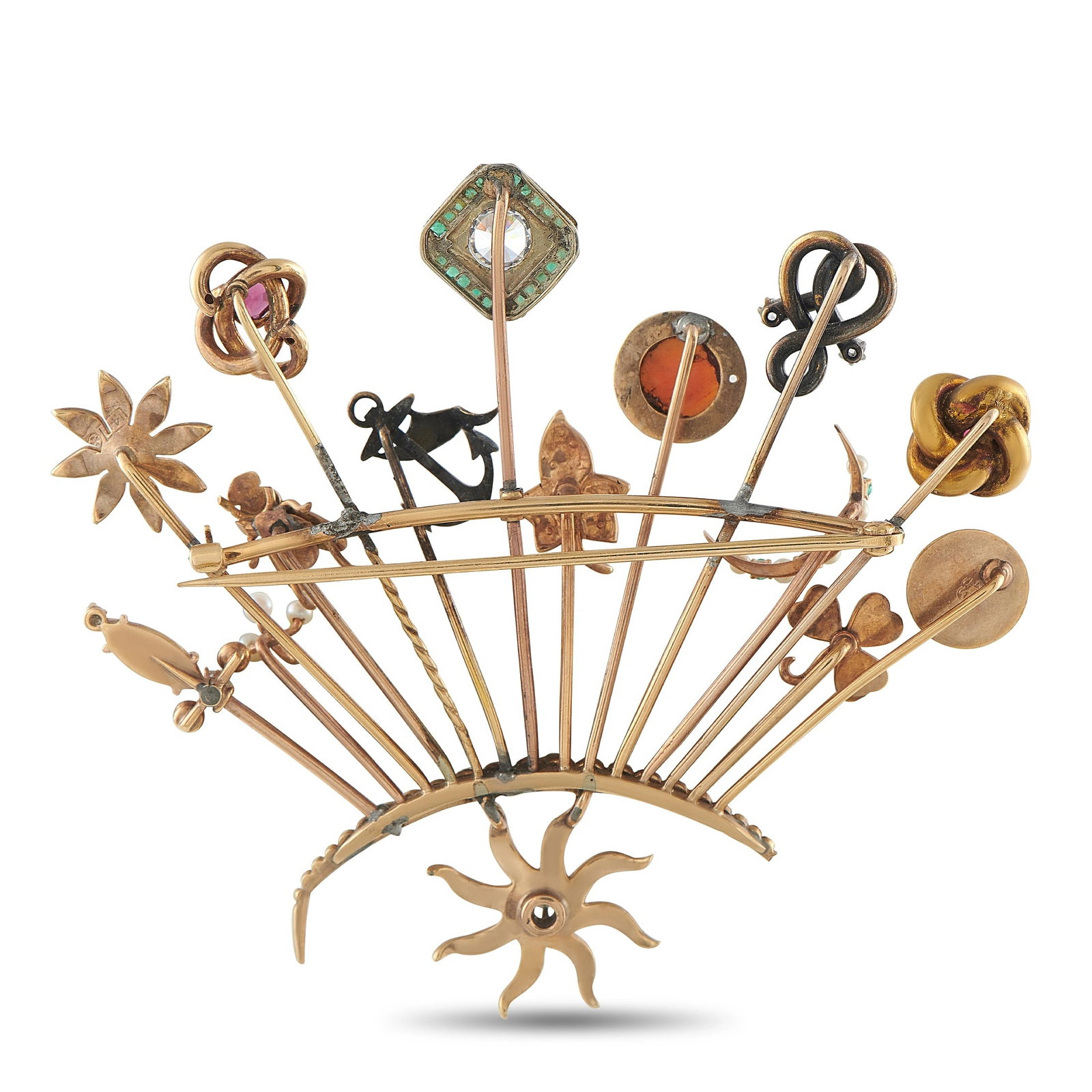 14K Rose Gold 0.60ct Diamond Fan Brooch: An extraordinary antique fan-shaped brooch in 14K rose gold, designed as a stickpin display holder. The arched rose gold frame is adorned with seed pearls along the arc and anchored by a diamond-set s