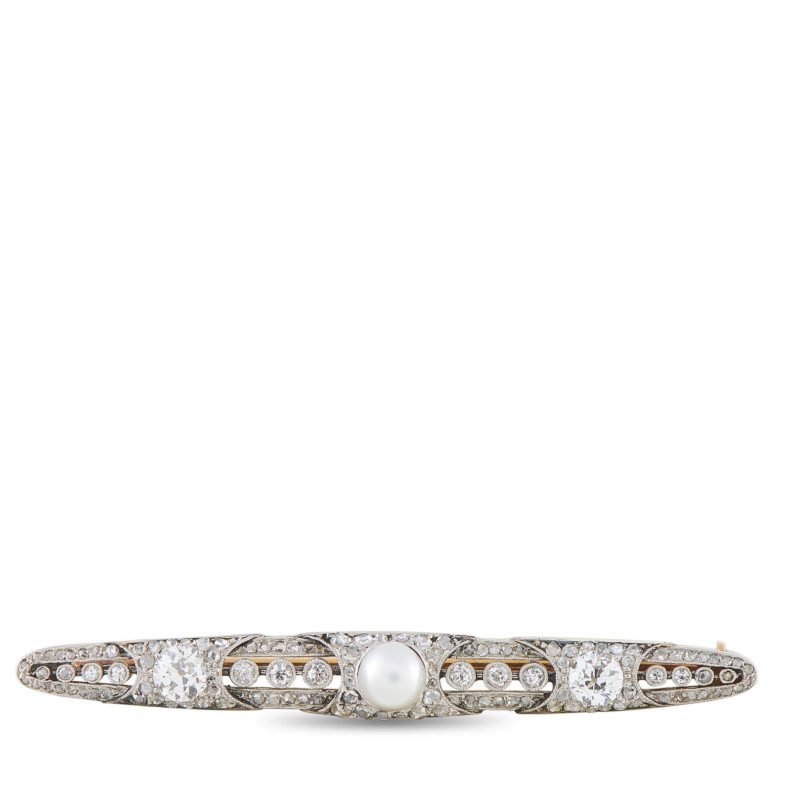 Platinum 1.0ct Diamond and Pearl Brooch: A sleek, streamlined design makes this luxury brooch incredibly chic. Set in Platinum, sparkling Diamonds with a total weight of 1.0 carats allow it to seemingly radiate light. Pearl accents provide t