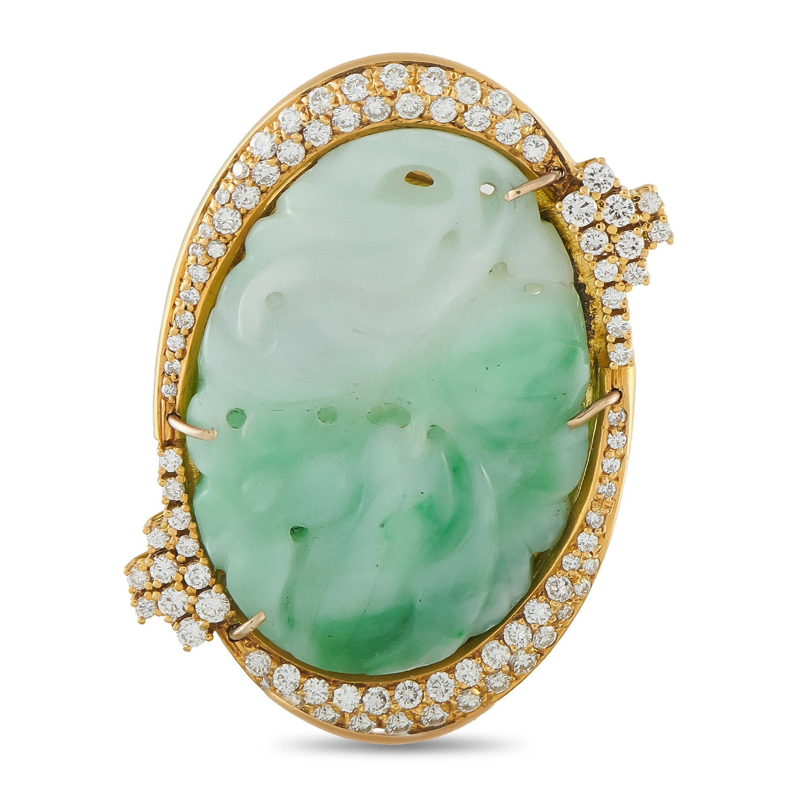 18K Yellow Gold 1.50ct Diamond and Carved Jade Brooch: This luxury brooch is nothing short of breathtaking. Stunning in its symmetry, Diamond accents totaling 1.50 carats surround the captivating carved Jade center stone. This piece is crafted from 18K Ye