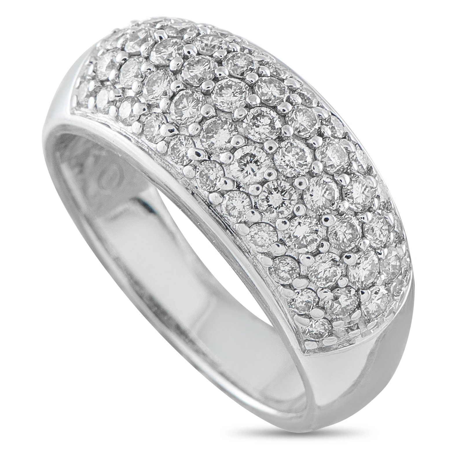 14K White Gold 1.0ct Diamond Pavé Ring: A glamorous pavé band ring in 14K white gold, set with approximately 1.0 carats total weight of round brilliant diamonds covering the domed multi-row top surface in a classic bombé-style formation. 