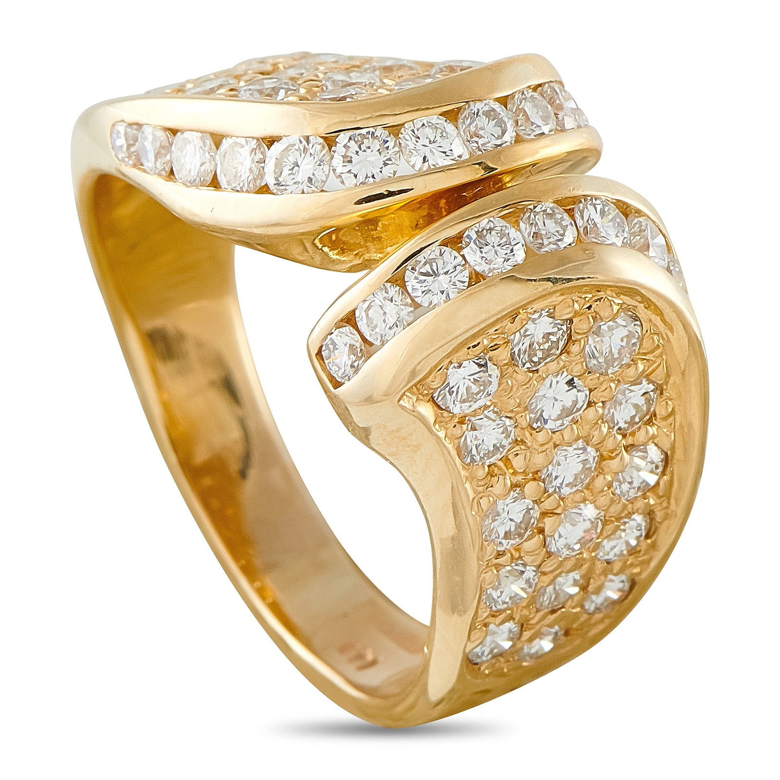 14K Yellow Gold 1.25ct Diamond Ring: A striking bypass ring in 14K yellow gold, featuring two diamond discs in an interlocking crossover design with round brilliant diamonds totaling 1.25 carats. Channel-set diamond rows accent the shoul