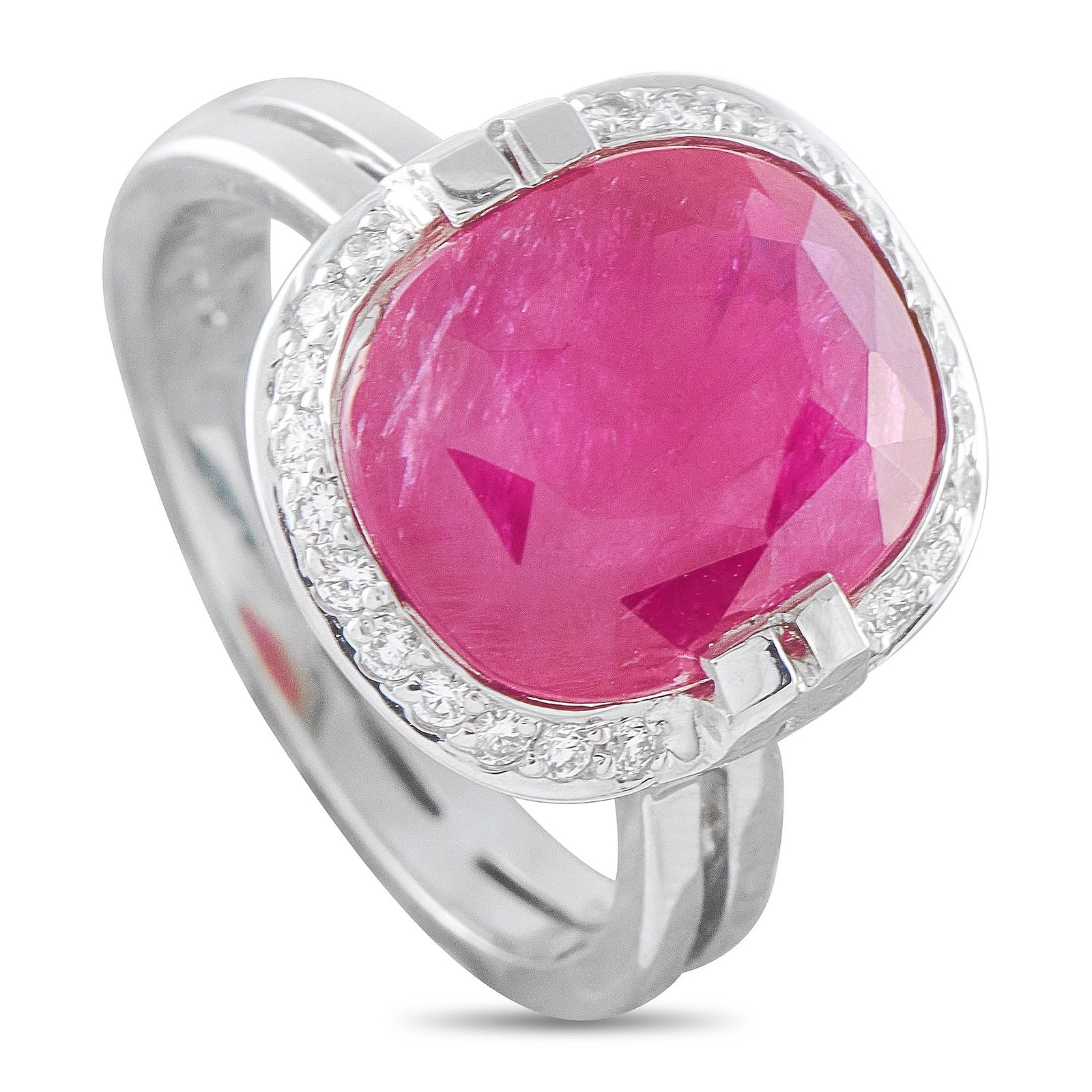 18K White Gold 0.22ct Diamond Ruby Halo Ring: A striking halo ring in 18K white gold, centering a large oval-cut ruby weighing 4.0 carats with a rich, vivid pink-red hue. The center stone is embraced by a continuous halo of round brilliant diamon