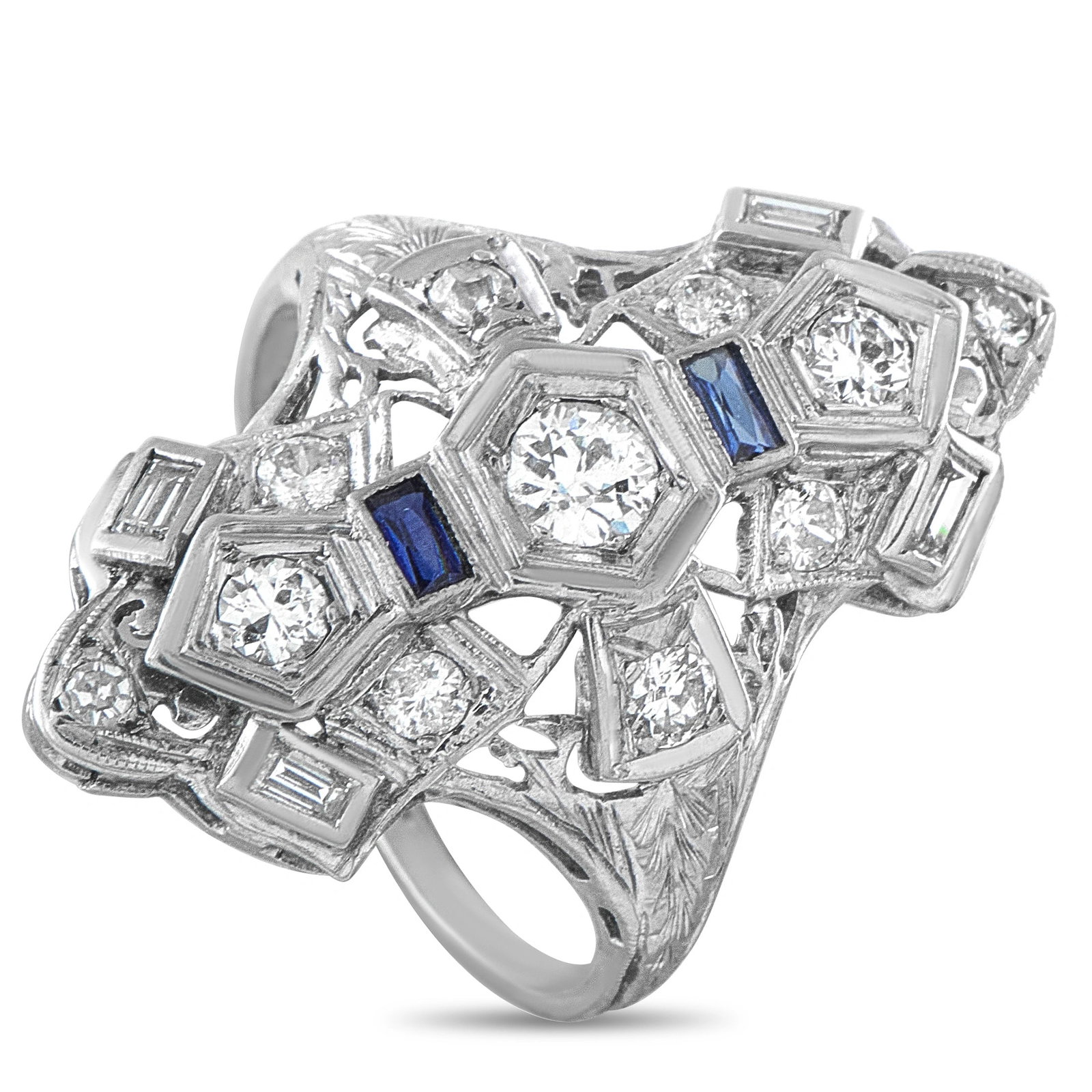 18K White Gold 0.55ct Diamond and Sapphire Art Deco Ring: A detailed Art Deco design sets this luxury ring apart in the best way possible. The intricate 18K White Gold setting beautifully showcases a stunning array of diamonds with a total weight of 0.55 car