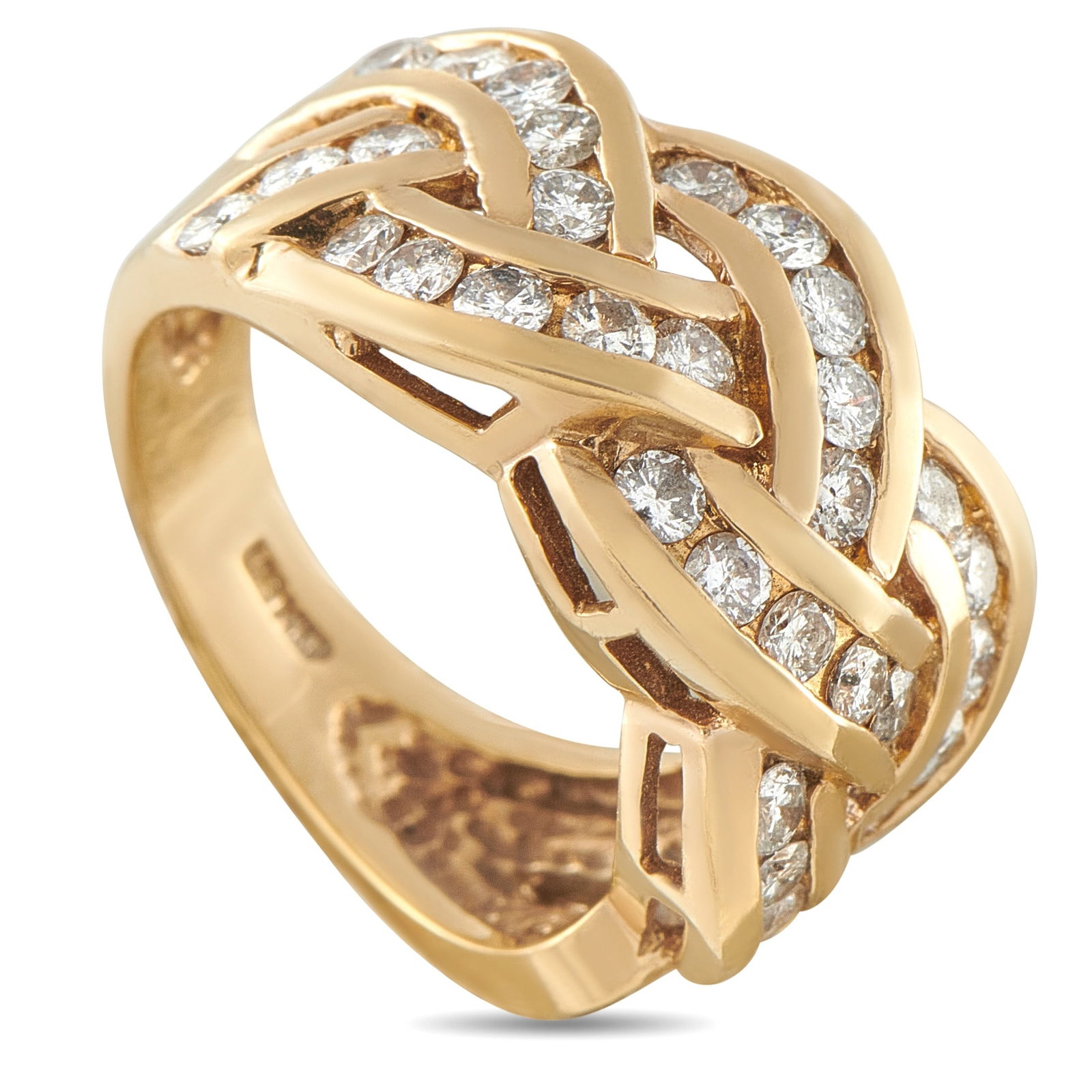 14K Yellow Gold 1.14ct Diamond Woven Ring: An eye-catching woven ring in 14K yellow gold, featuring three interlocking diagonal rows of channel-set round diamonds totaling 1.14 ct in an open lattice pattern. The geometric open-work design crea