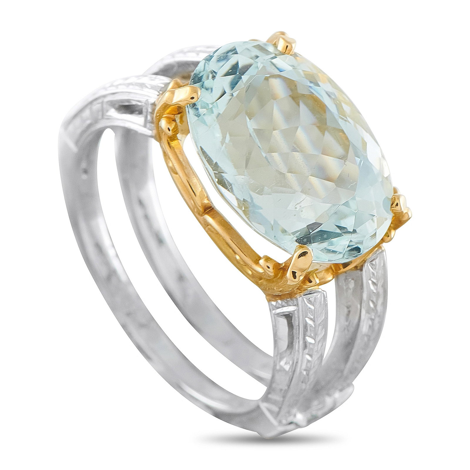 Platinum and 18K Yellow Gold 5.95ct Aquamarine Cocktail Ring: An elegant cocktail ring centering a large oval aquamarine weighing 5.95 carats, held in a four-prong 18K yellow gold setting. The polished platinum shank features engraved milgrain detailing, offerin
