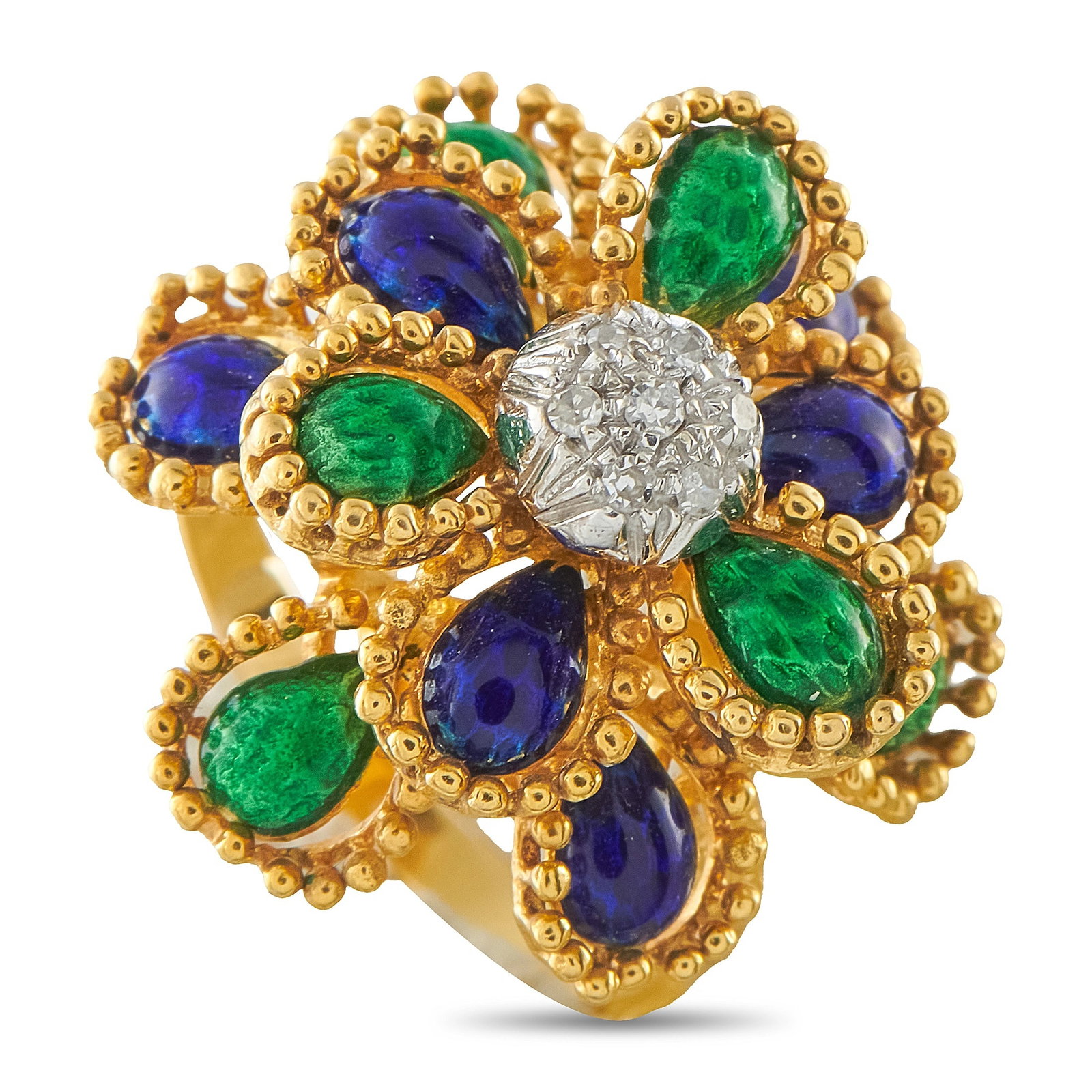 18K Yellow Gold Diamond and Enamel Flower Cocktail Ring: A vibrant cocktail ring in 18K yellow gold, featuring a bold floral design composed of alternating cobalt blue and emerald green enamel petals, each framed by milgrain-beaded yellow gold borders. The 