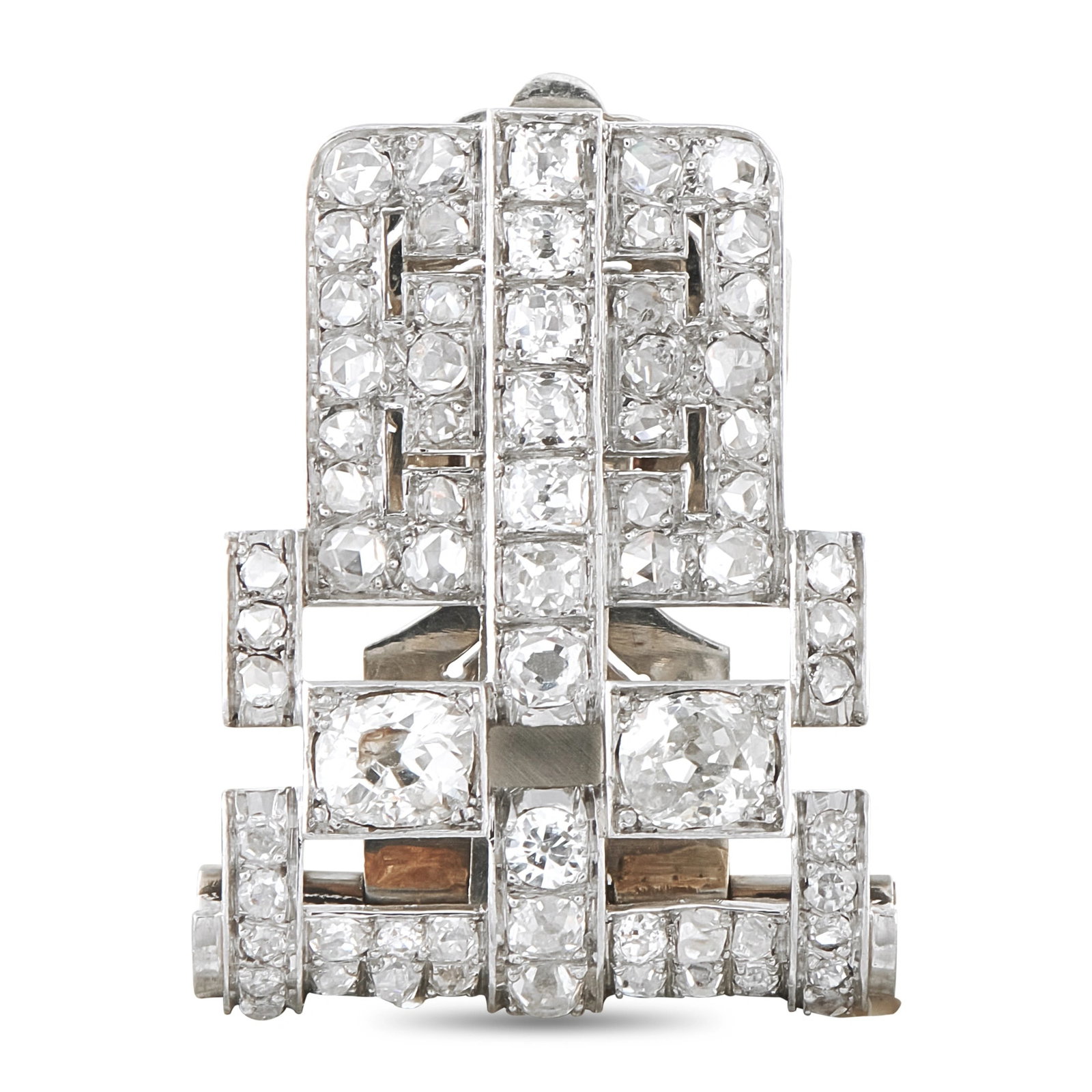 Antique Platinum and 18K White Gold 4.75ct Diamond Brooch: Art Deco design elements make this French antique clip-style brooch an heirloom quality piece that will never go out of style. Sparkling H-J color, VS2-I1 clarity diamonds with a total weight of 4.75 