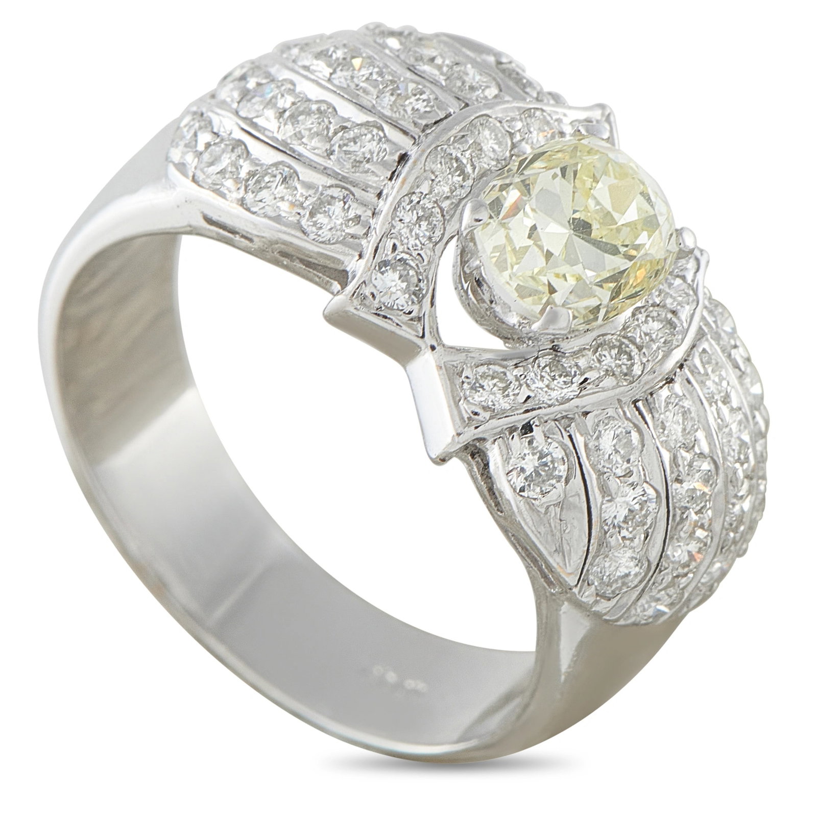 18K White Gold 1.70ct Diamond Ring: An exceptional ring in 18K white gold, set with diamonds totaling approximately 1.70 carats. The center features a light yellow old European cut diamond of approximately 1.0 carat graded VS clarity, e