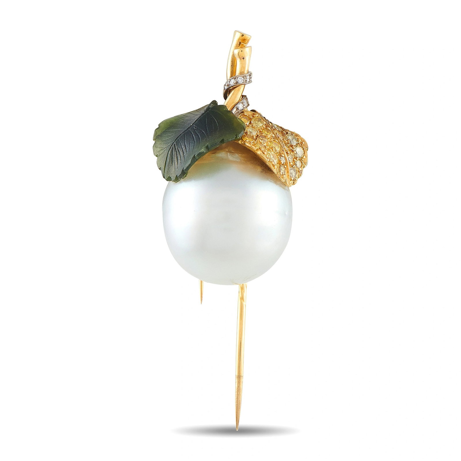 18K Yellow Gold 0.50ct Fancy Diamond, Nephrite Jade, and Baroque Pearl Brooch: A captivating brooch in 18K yellow gold, centering a magnificent 19.2mm baroque pearl beneath a carved nephrite jade leaf and a fancy yellow diamond-pave gold collar. A sculptural gold bird finial cro