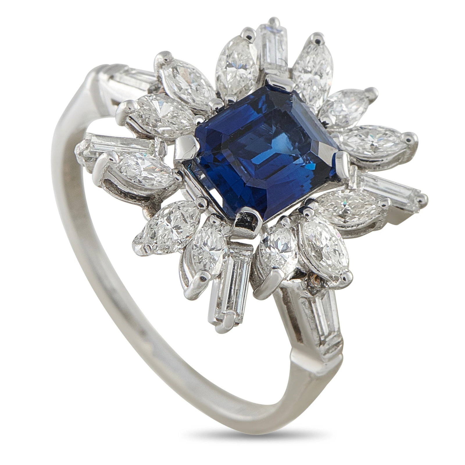 14K White Gold 1.20ct Diamond and Sapphire Starburst Ring: A magnificent cluster ring in 14K white gold, centering a deep blue emerald-cut sapphire of approximately 1.55 carats within a starburst halo of mixed-cut diamonds — marquise and baguette— totalin