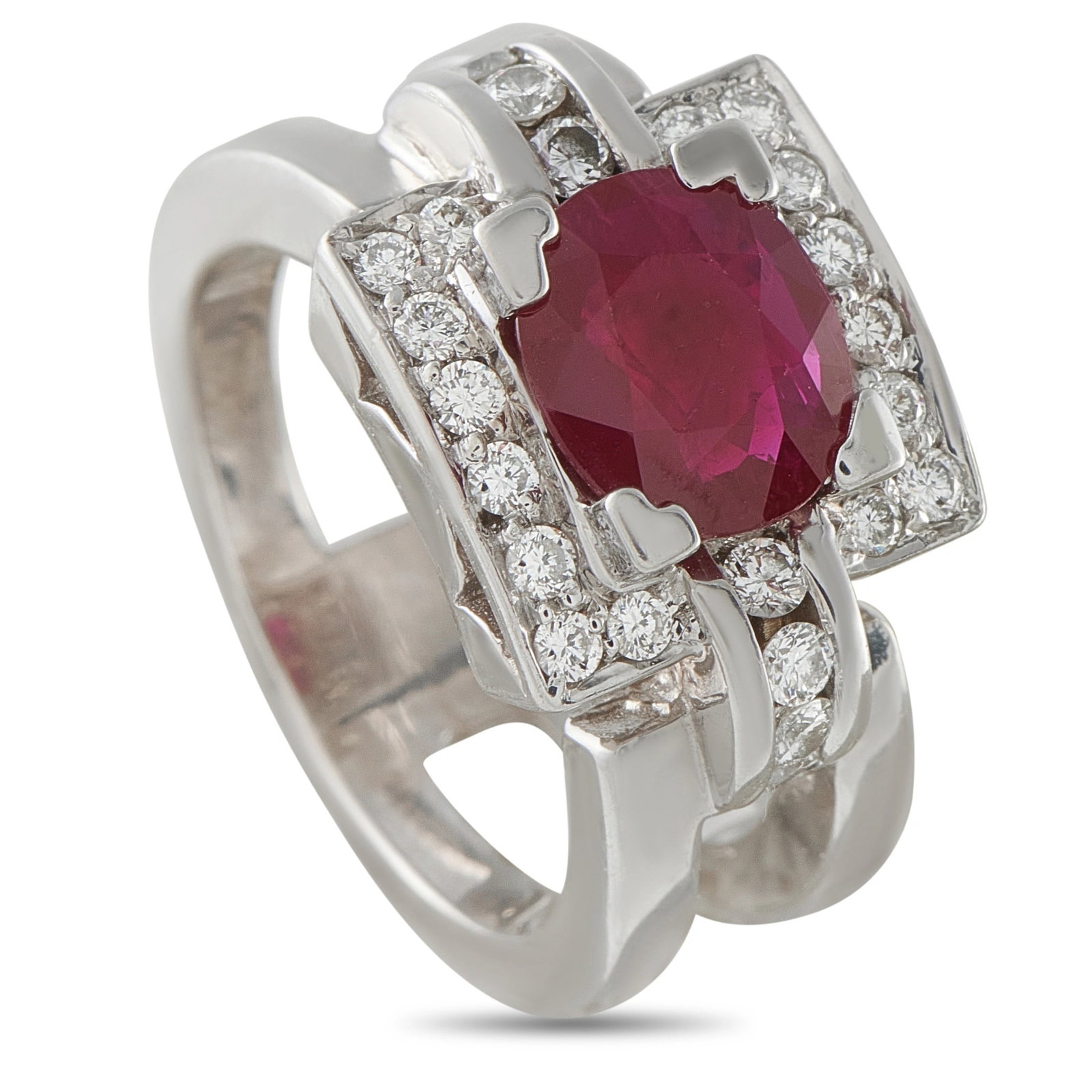 18K White Gold 0.48ct Diamond and Ruby Square Halo Cocktail Ring: A commanding cocktail ring in 18K white gold, centering a vivid oval ruby of approximately 1.97 carats within a geometric square halo of round brilliant diamonds totaling 0.48 carats, set above a step