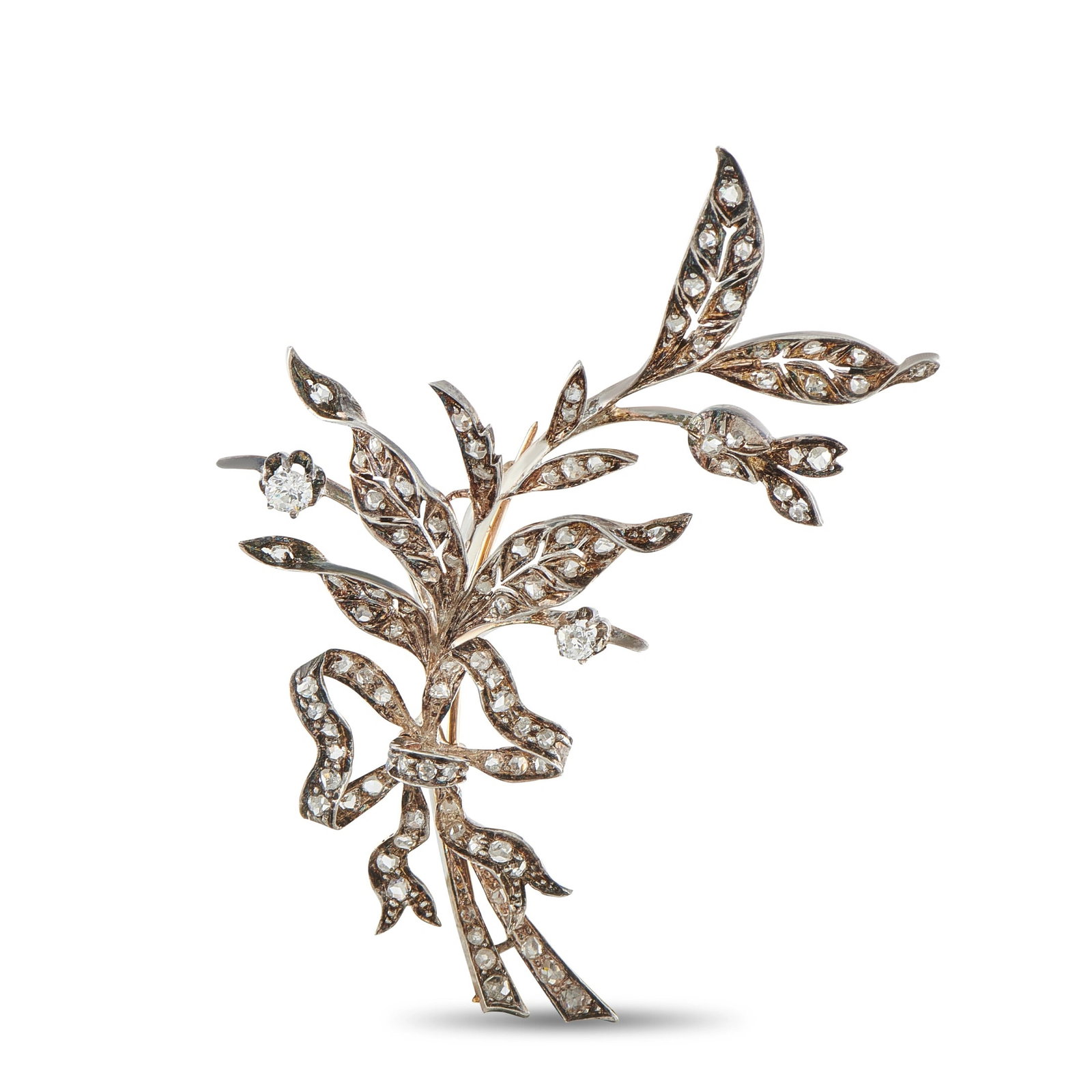 Antique 18K Rose Gold and Silver 1.0ct Diamond Floral Leaf Brooch: An exquisite antique French brooch crafted in 18K rose gold and sterling silver, depicting a naturalistic spray of leaves and branches tied with a ribbon bow, the entire surface pavé-set with old min