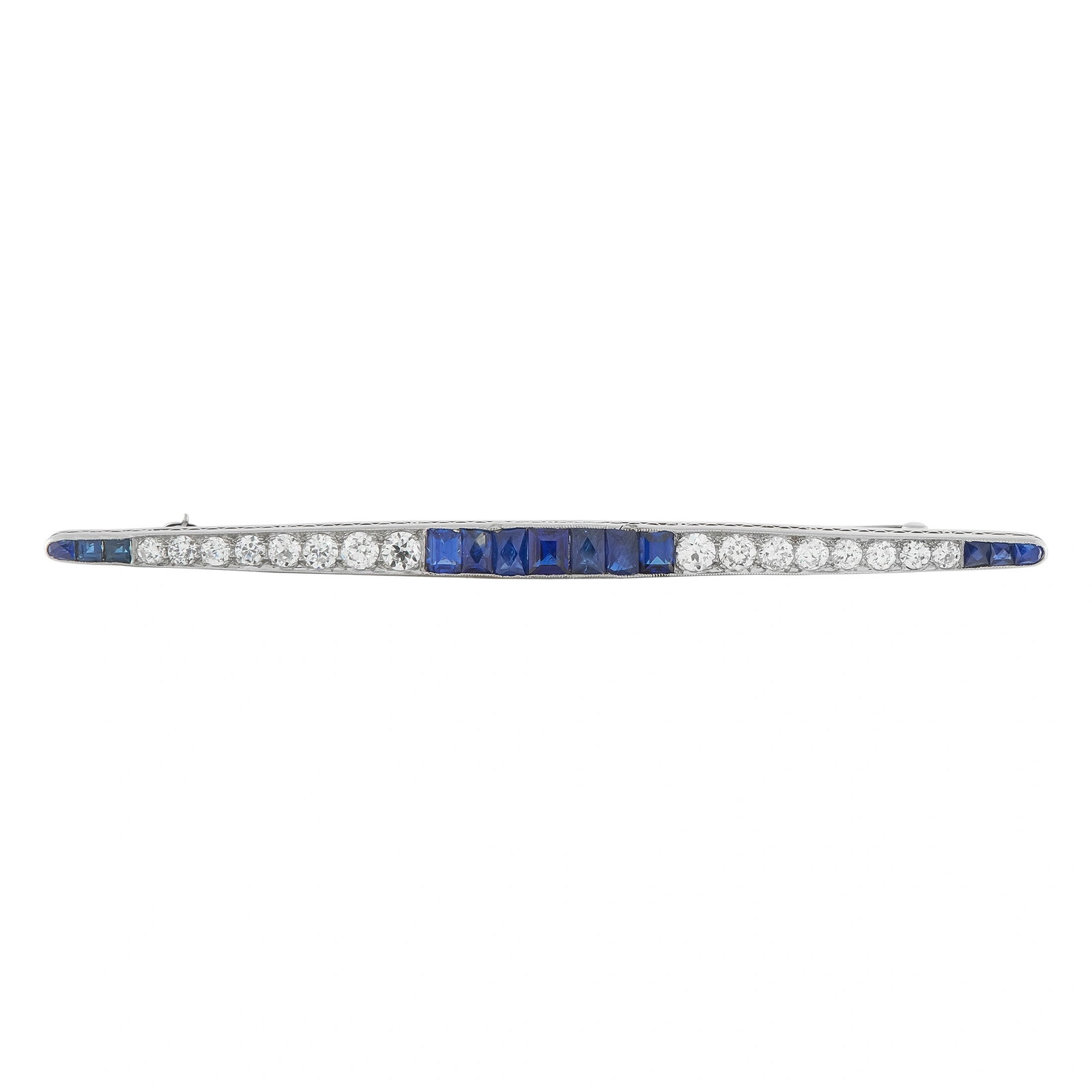 Platinum 1.50ct Diamond and Sapphire Art Deco Pin: A sleek, sophisticated design ensures this luxury brooch will never go out of style. The Platinum setting features classic Art Deco design elements. Diamonds with a total weight of 1.50 carats are per