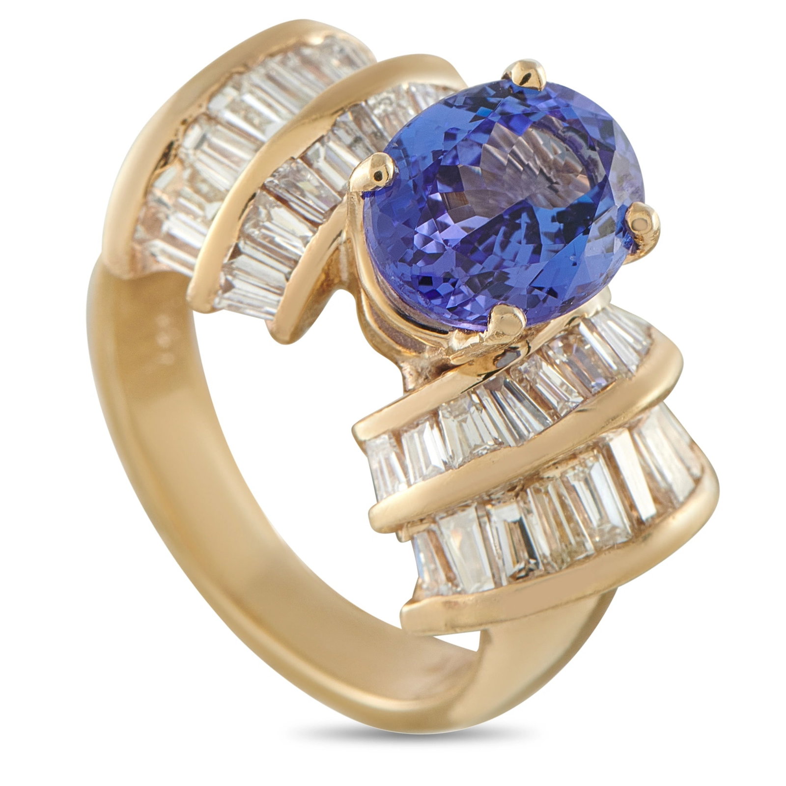 14K Yellow Gold 2.20ct Diamond and Tanzanite Cocktail Ring: A spectacular cocktail ring in 14K yellow gold, centering a vivid violet-blue oval tanzanite of approximately 2.5 carats, embraced by sweeping rows of channel-set baguette diamonds totaling 2.2 carats