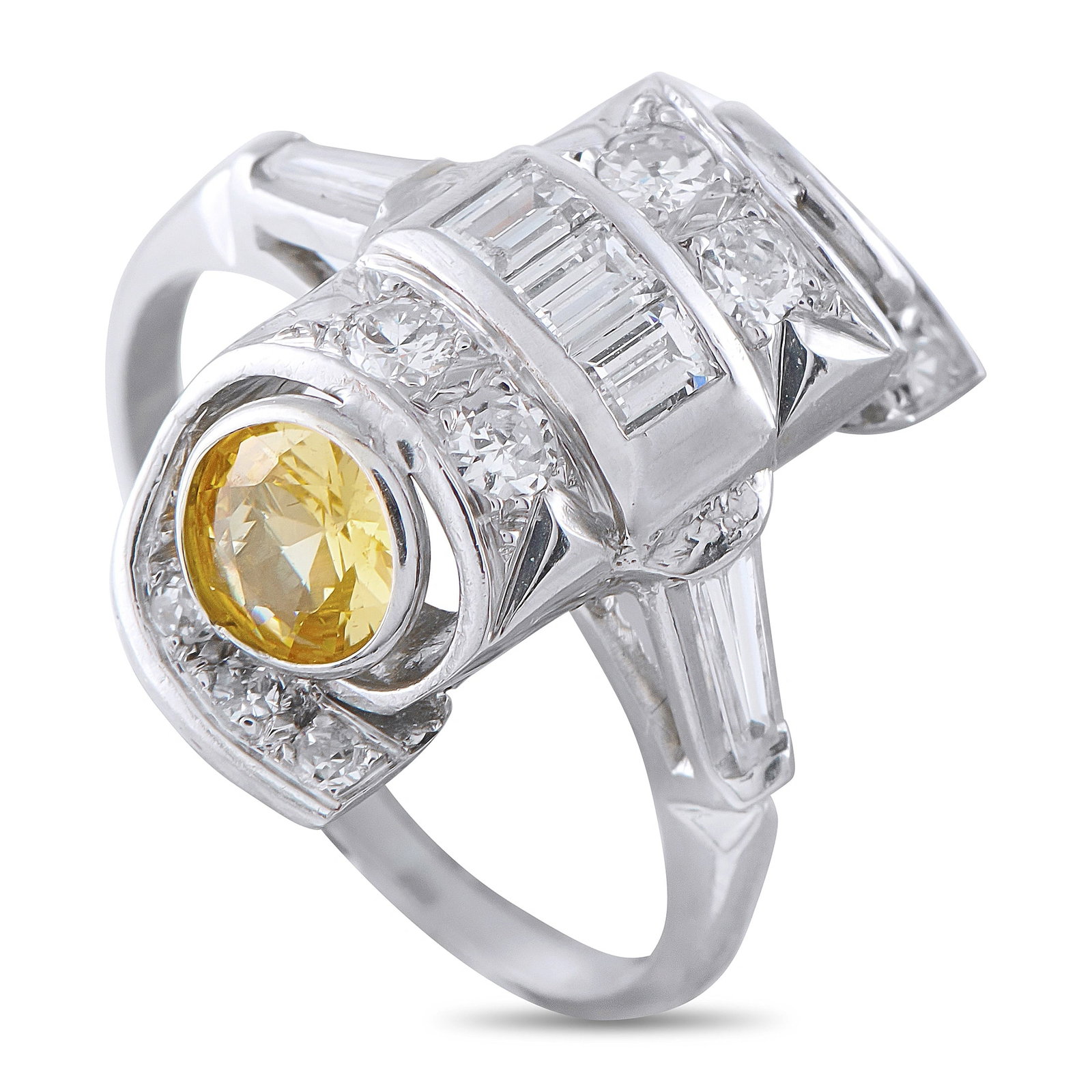 Platinum 0.82ct Diamond and Yellow Sapphire Mid-Century Cocktail Ring: A stunning mid-century cocktail ring in platinum, centering a round bezel-set yellow sapphire of approximately 1.0 ct, surrounded by a geometric architectural surround of baguette and round brilliant 