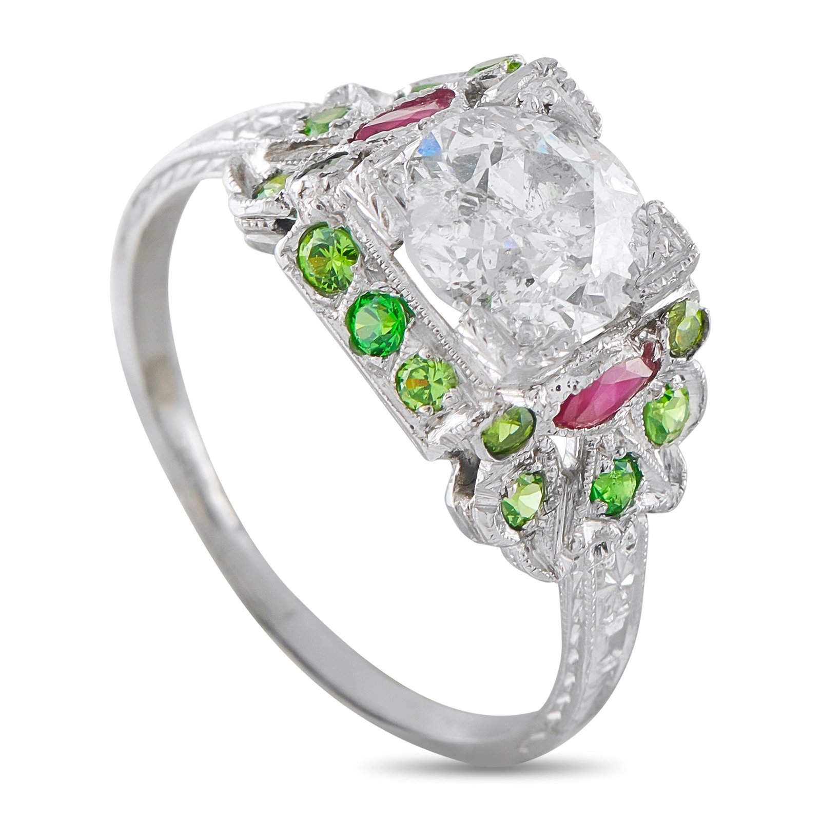 Platinum 1.25ct Diamond and Demantoid Ring: Colorful gemstones and Art Deco design elements make this luxury ring a unique piece that will continually captivate. Set in Platinum, a 1.25 carat center diamond makes a statement. Green demantoids c