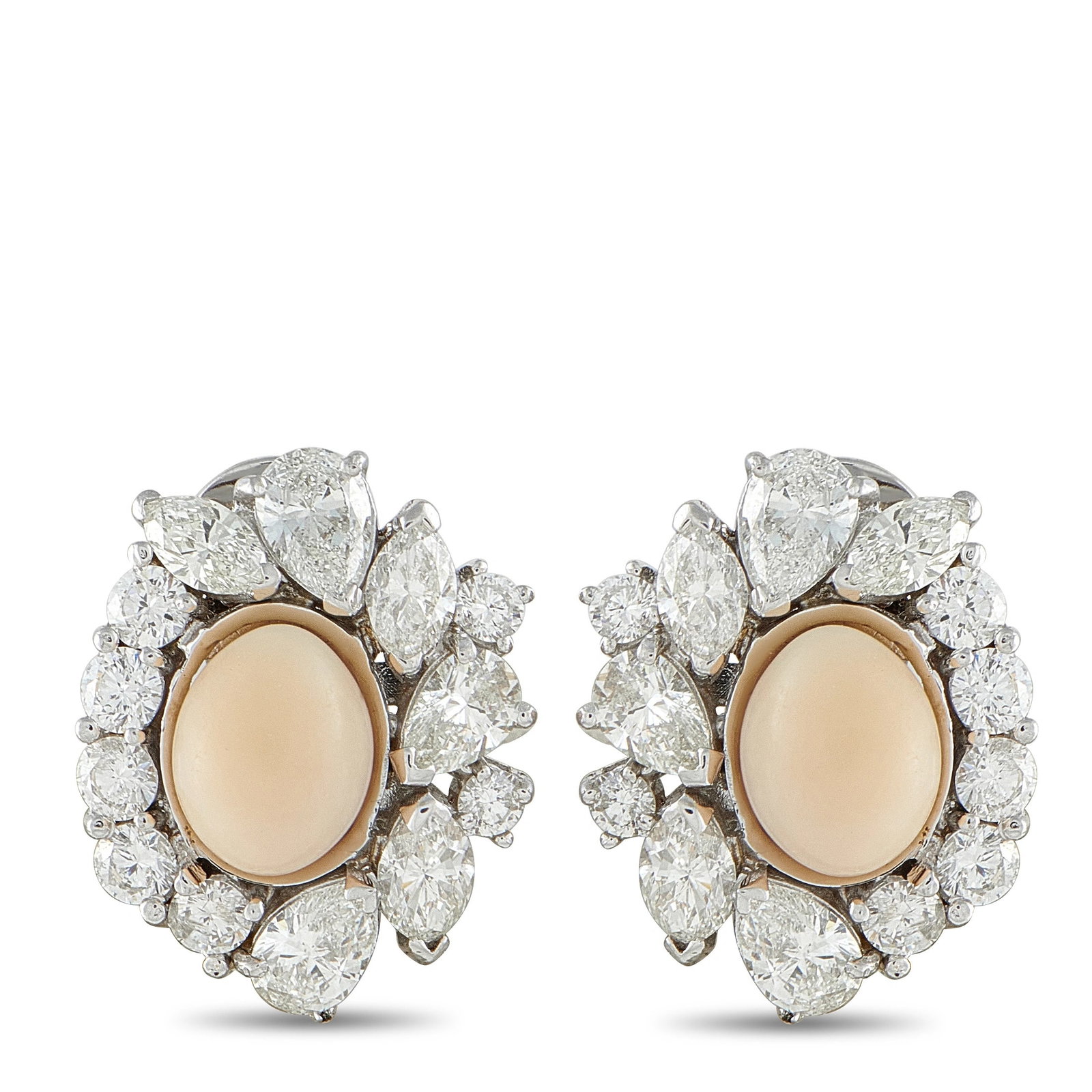 18K White Gold 6.0ct Diamond and Conch Pearl Clip: These luxury earrings will put the perfect finishing touch on any ensemble. Conch Pearl center stones with a total weight of 7.0 carats add a stunning pop of color to the timeless design. Diamonds wit