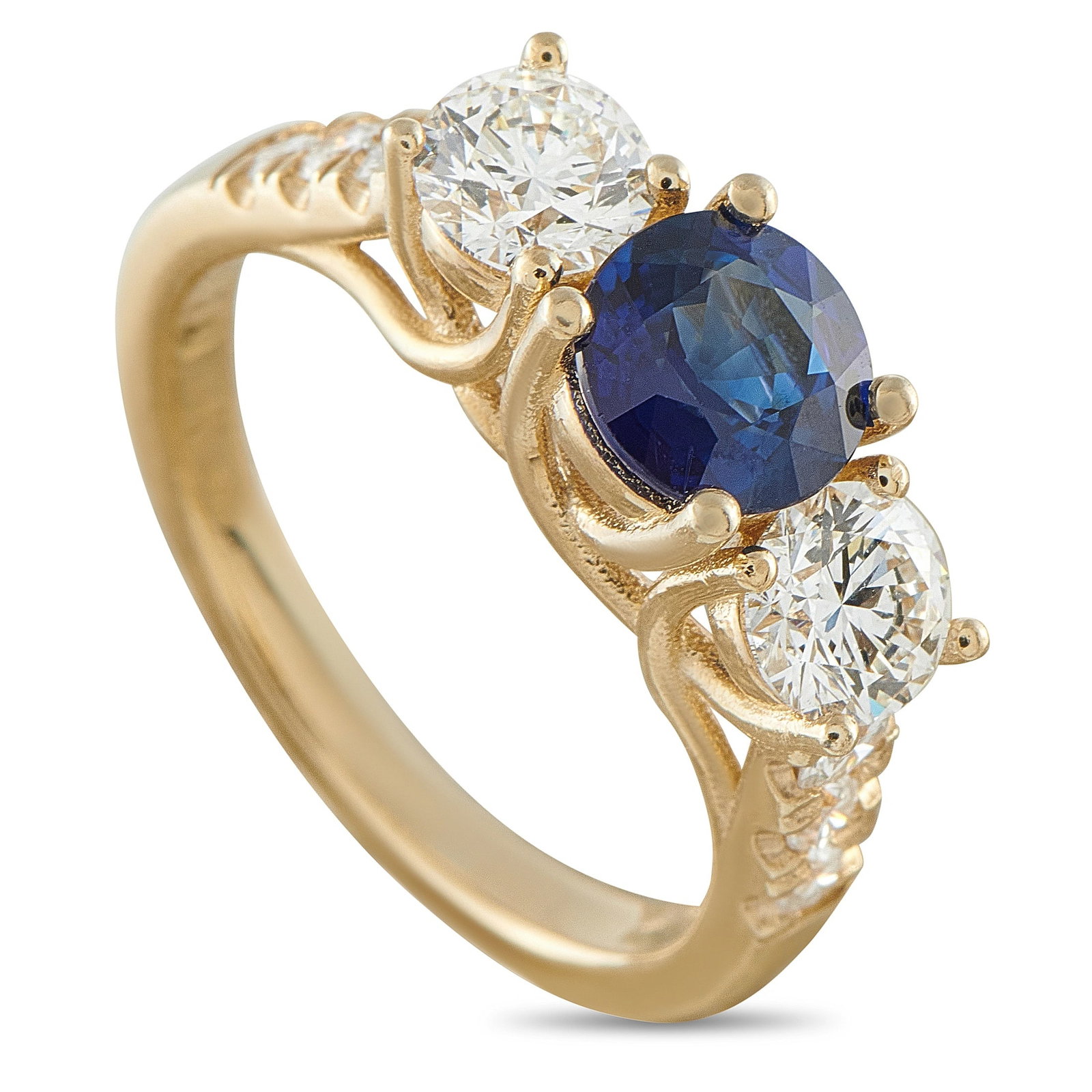 14K Yellow Gold 1.25ct Diamond and Sapphire Ring: A traditional design makes this ring an instant classic. Simple and elegant, the 1.20 carat Sapphire center stone is perfectly paired with Diamond accents totaling 1.25 carats. Set in 14K Yellow Gold,