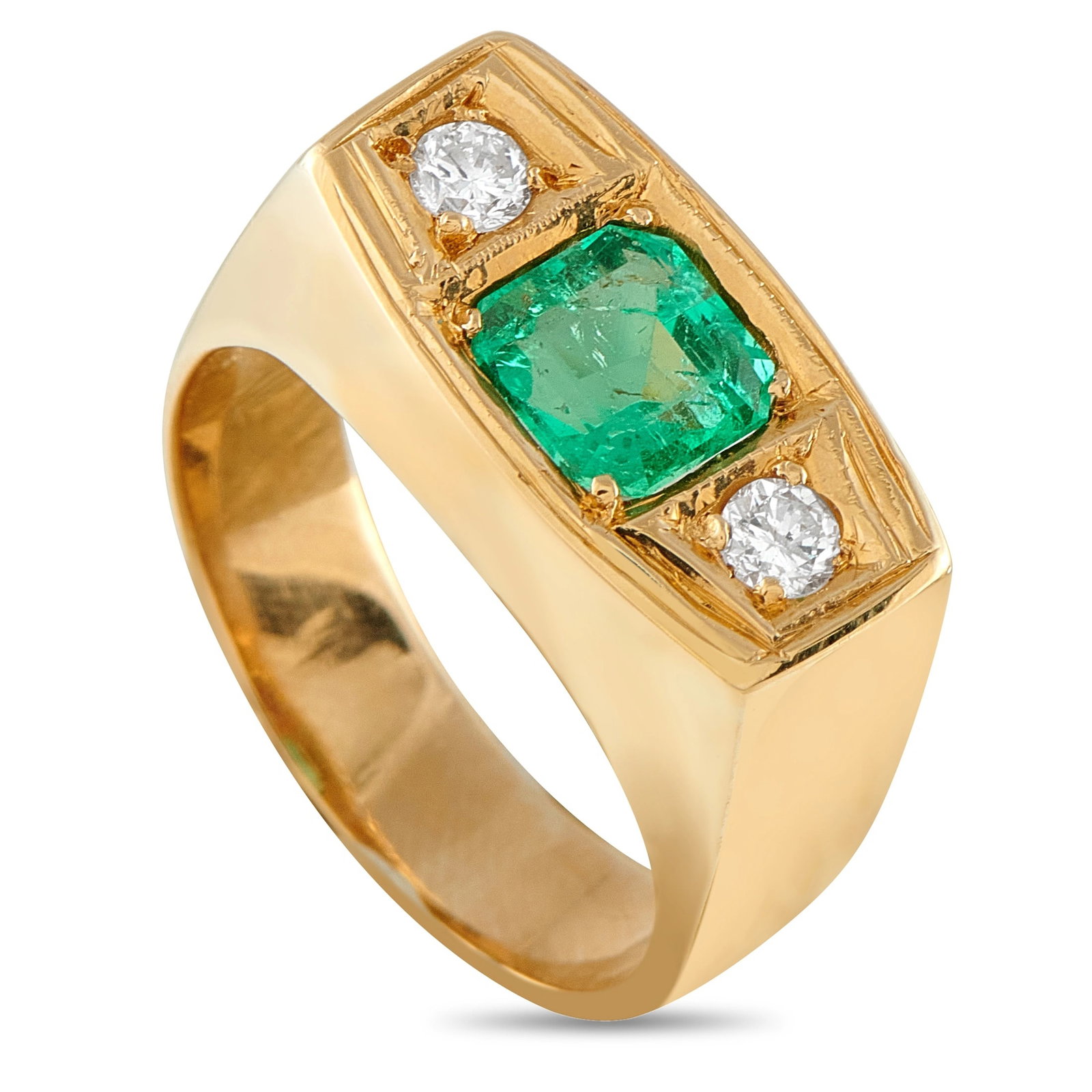 18K Yellow Gold 0.25ct Diamond and Emerald Three-Stone Ring: A refined three-stone ring in 18K yellow gold, centering a vivid emerald-cut emerald totaling 1.45 carats, flanked on each side by a prong-set round brilliant diamond totaling 0.25 carats TW. The wide