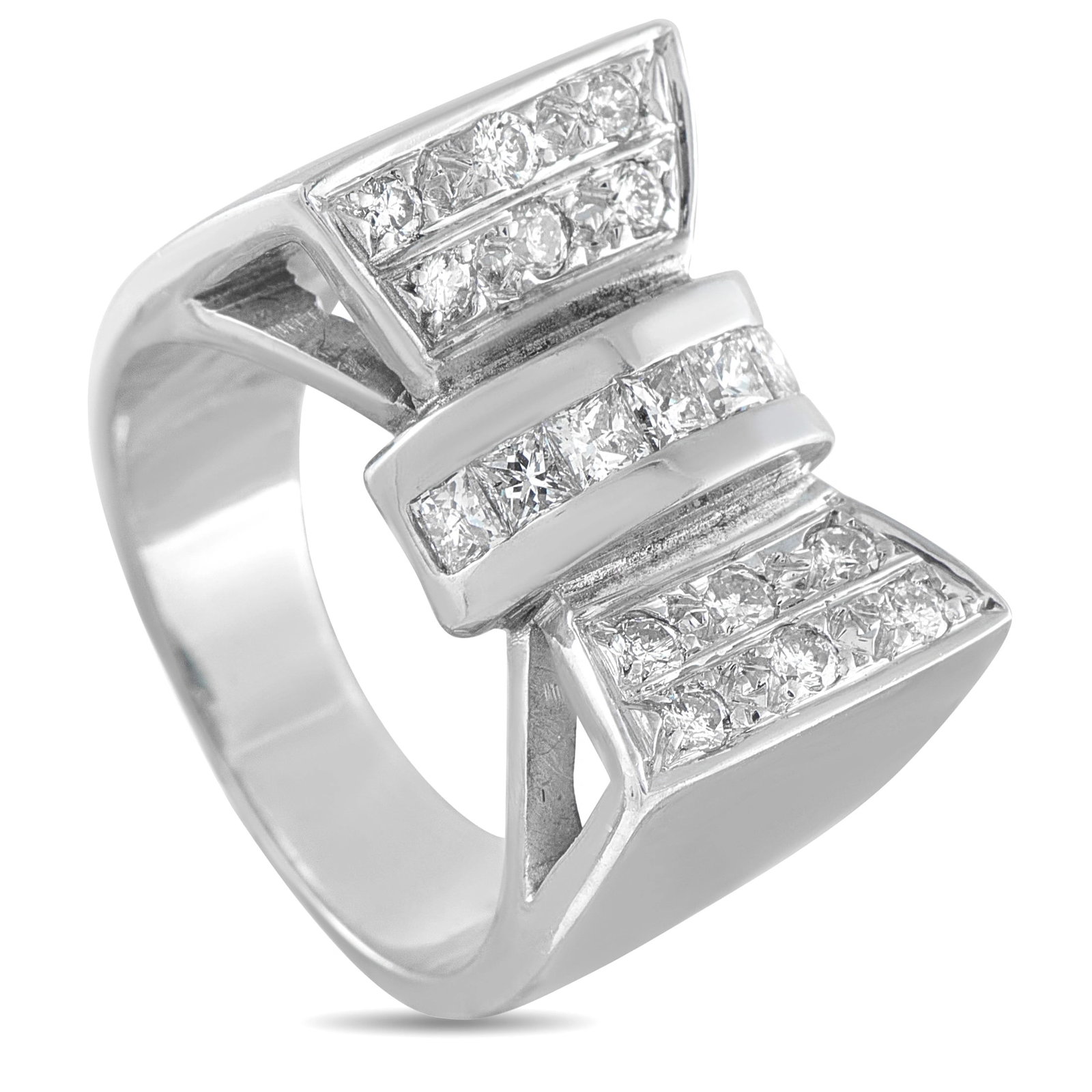 14K White Gold 1.06ct Diamond Bow Ring: This luxury ring is filled with feminine charm. Crafted from 14K White Gold, the bow motif comes to life thanks to sparkling Diamonds totaling. 1.06 carats. A 5mm wide band and a 5mm top height make i