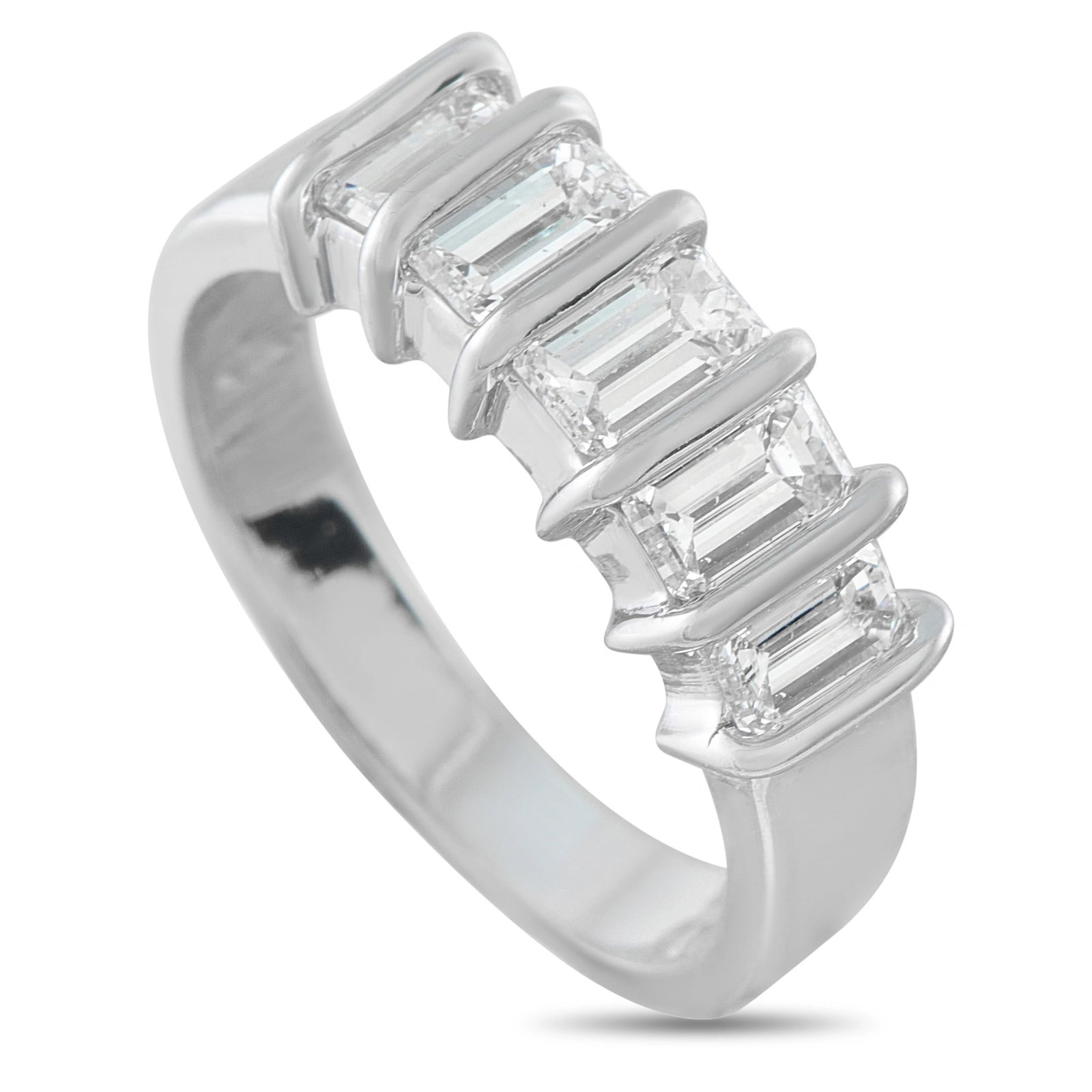 14K White Gold 1.25ct Diamond Ring: A series of emerald cut Diamonds with a total weight of 1.25 carats shine brightly atop this exquisite ring. Simple and elegant, its crafted from 14K White Gold and will look radiant no matter if it��