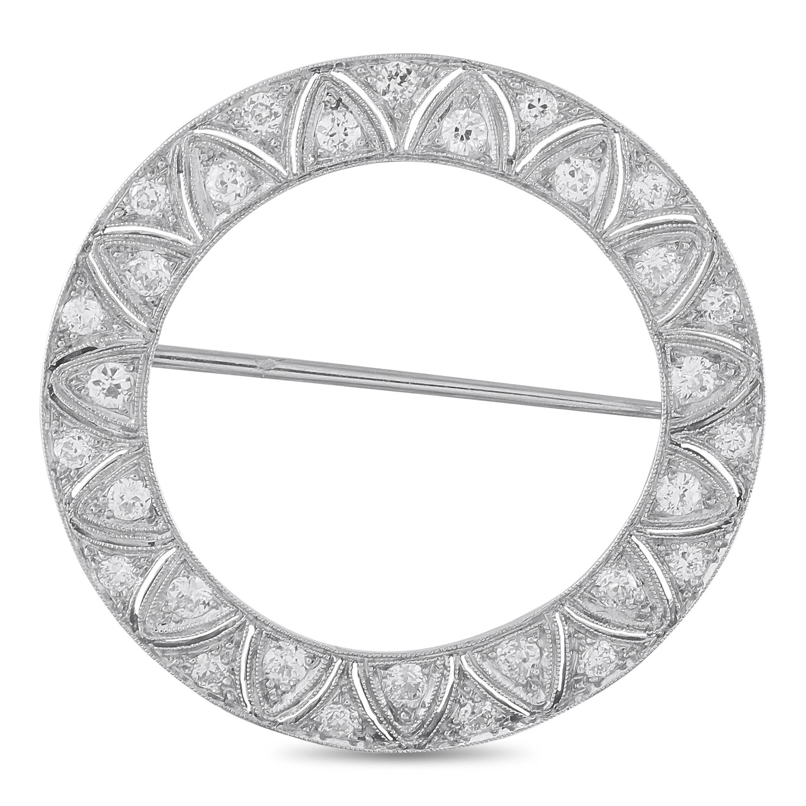 Antique Platinum 1.0ct Diamond Open Circle Brooch: An antique open-circle brooch in platinum, set with diamonds totaling 1.0 ct in an intricately engraved milgrain setting, with each stone compartment separated by detailed geometric engraving characte