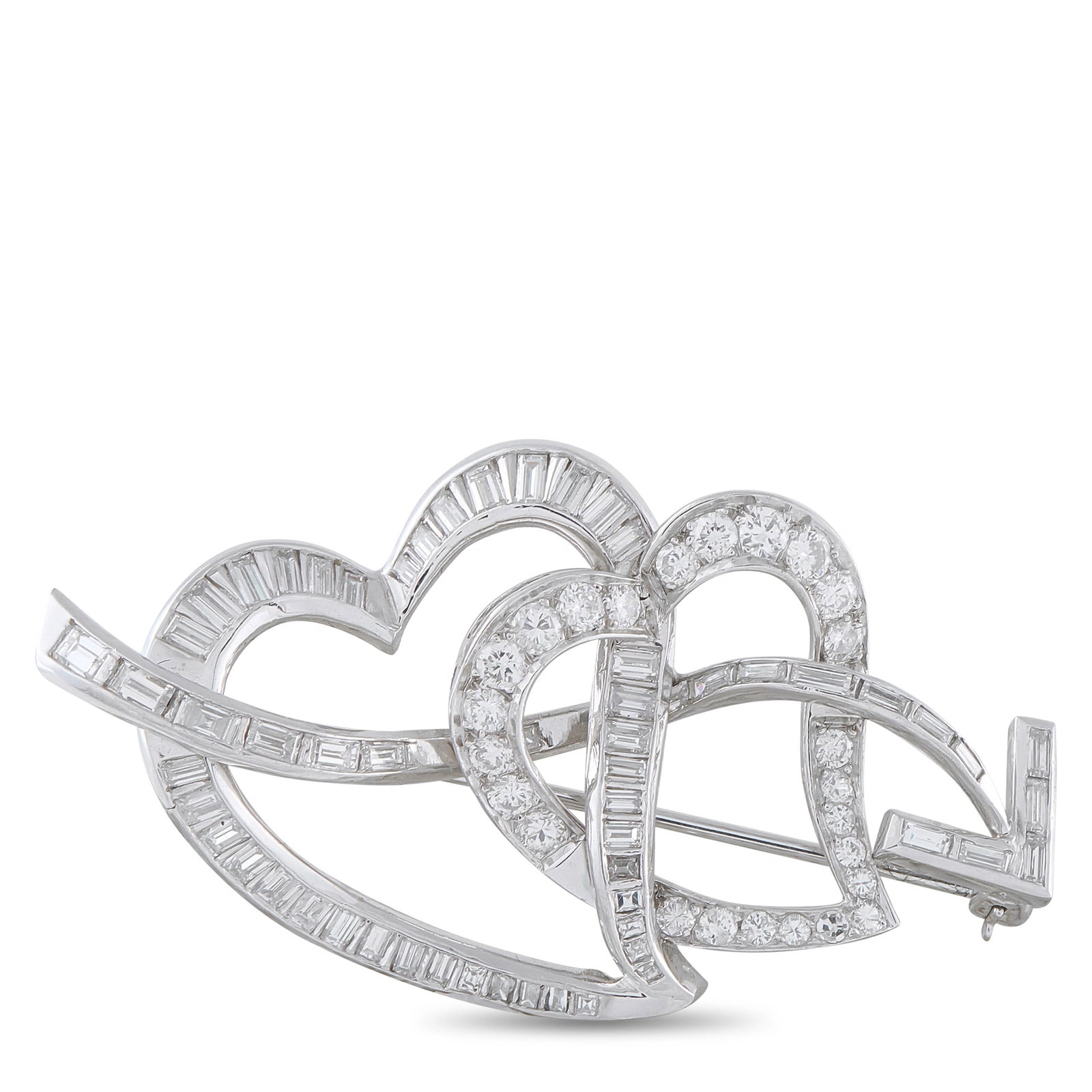 Platinum 3.0ct Diamond Interlocking Heart Brooch: A romantic platinum brooch in an interlocking double-heart motif, set throughout with round brilliant-cut and baguette-cut diamonds totaling 3.0 ct in a fluid, sculptural arrangement. Weighing 16.7 gr