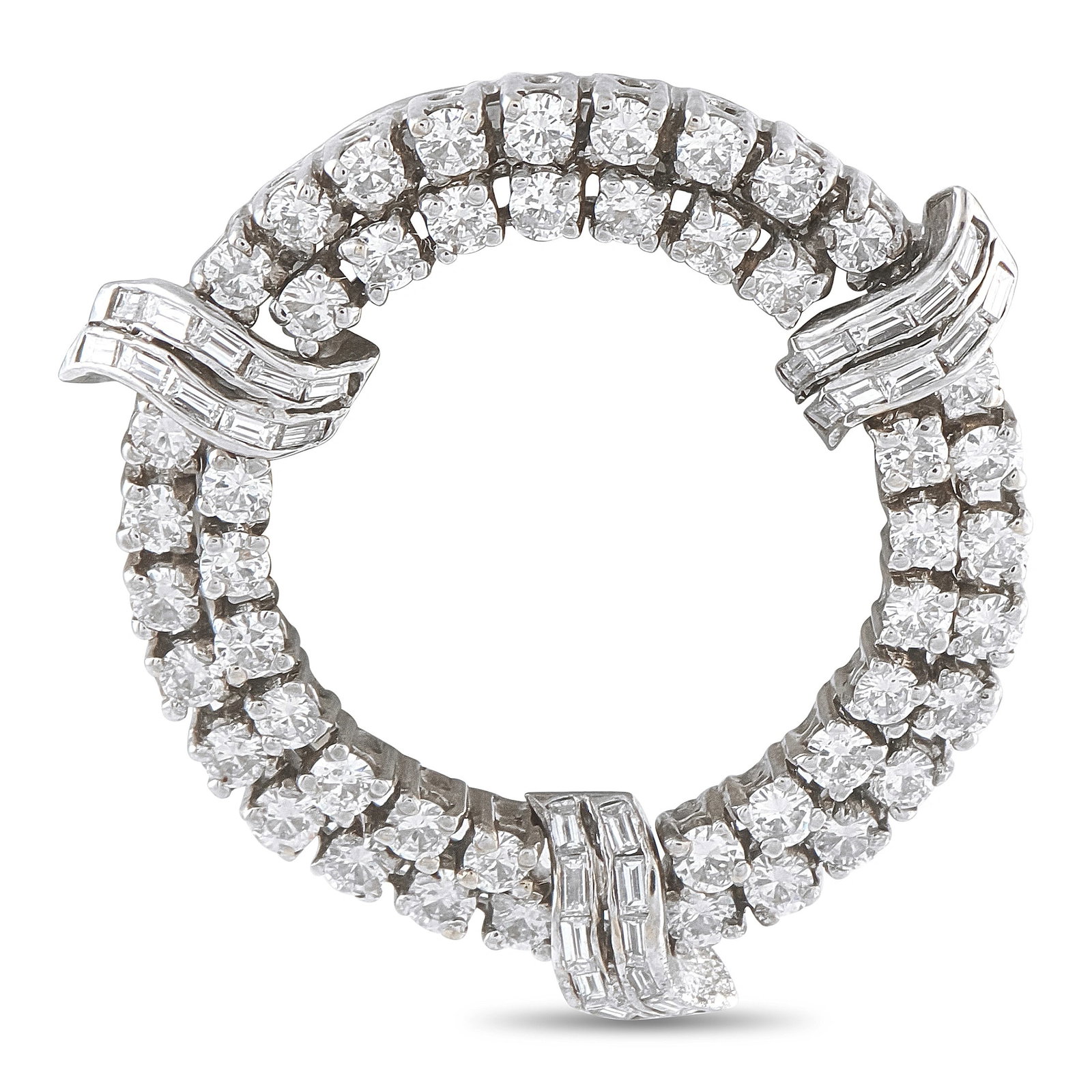 18K White Gold 2.0ct Diamond Open Circle Brooch: An elegant open-circle brooch in 18-karat white gold, set with two concentric rows of round brilliant-cut and baguette-cut diamonds totaling 2.0 ct, joined at three points by baguette diamond clusters