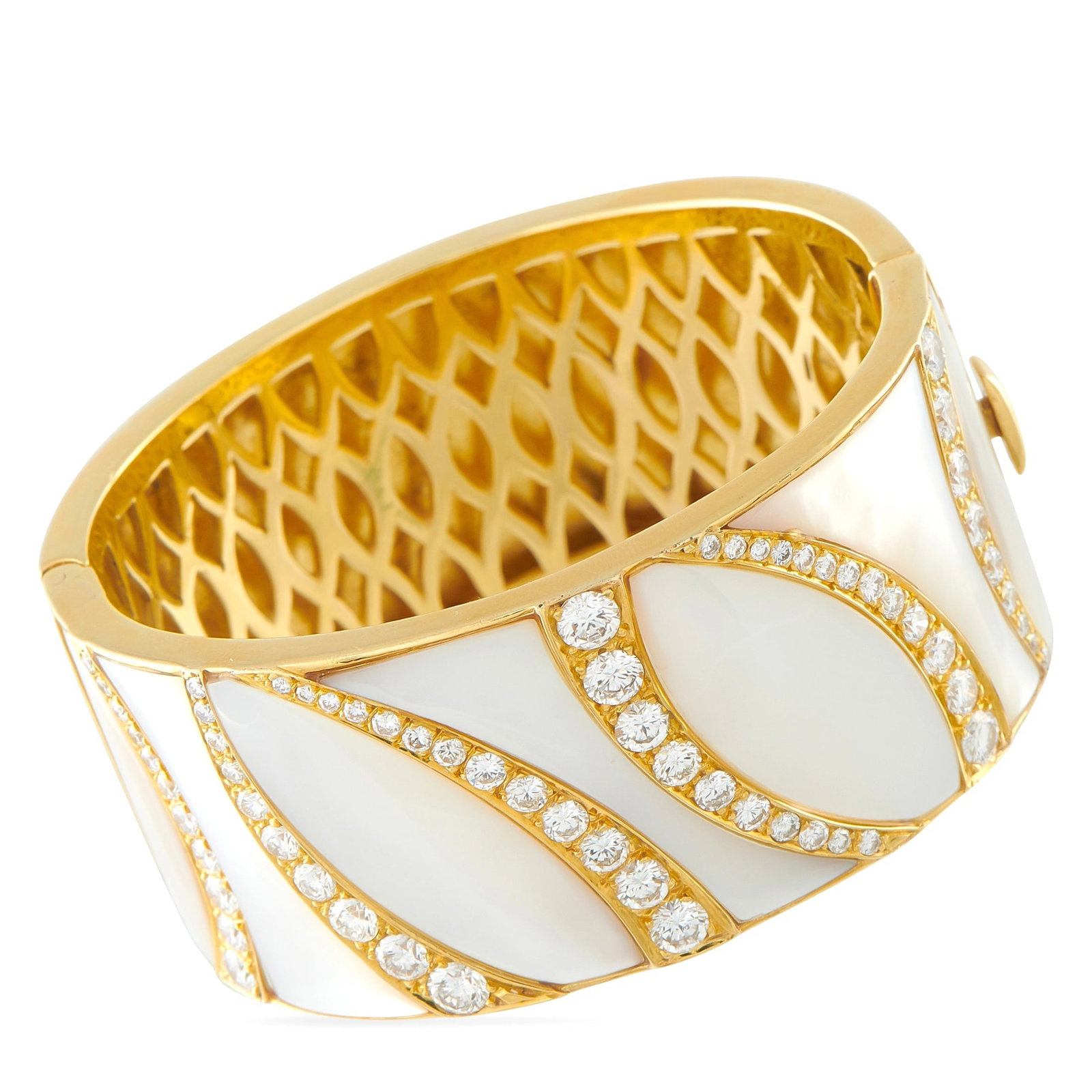 18K Yellow Gold 5.78ct Diamond and Mother of Pearl Bracelet: This breathtaking bracelet will elevate any ensemble. Set in 18K Yellow Gold, Diamonds totaling 5.78 carats are beautifully juxtaposed with luminous Mother of Pearl accents. This cuff-style bracelet m