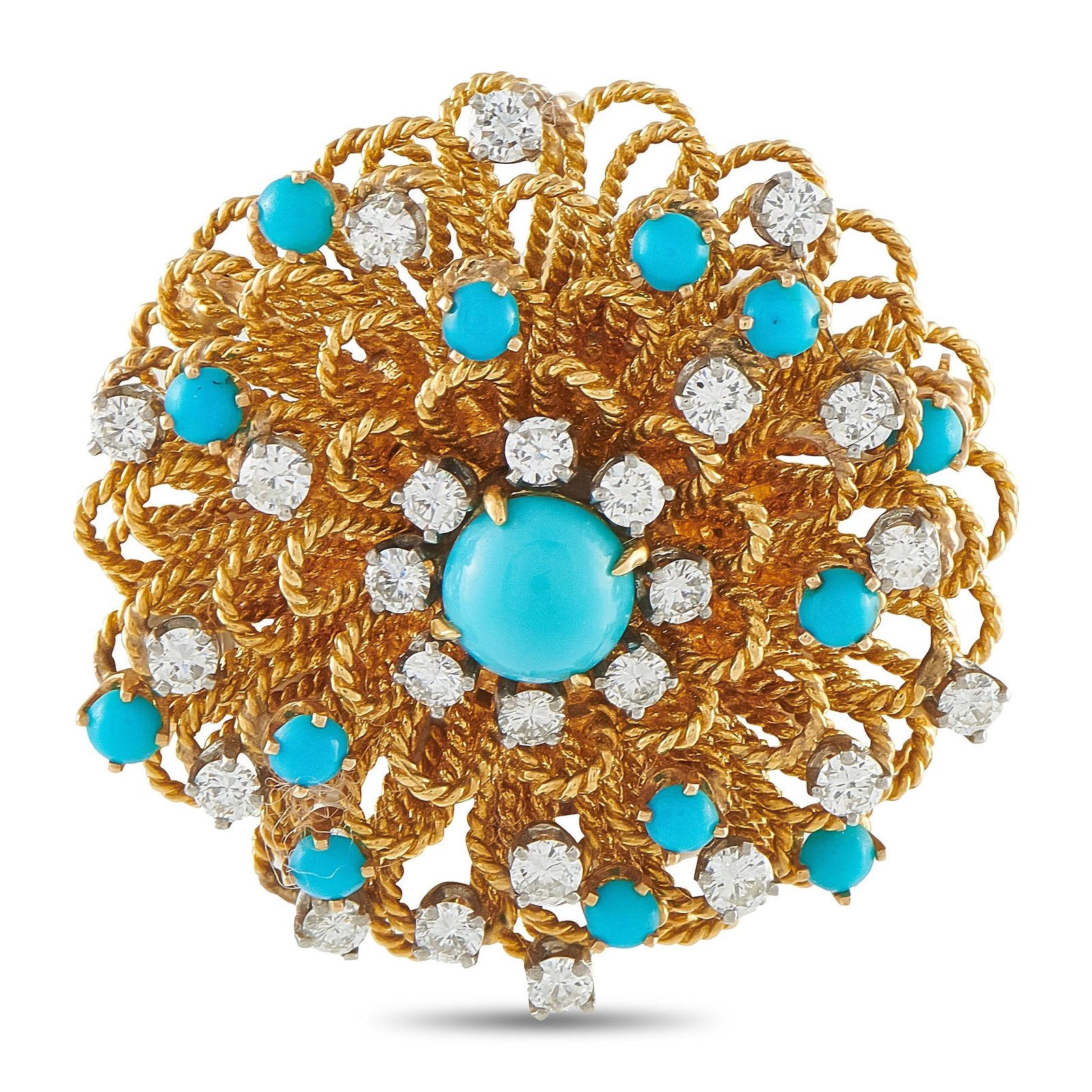 Vintage 18K Yellow Gold 1.58ct Diamond and Turquoise Brooch: This vintage brooch is filled with exquisite details. Textured 18K Yellow Gold metalwork elevates the circular design. Turquoise cabochons offer a vibrant pop of color, while Diamonds totaling 1.58 ca