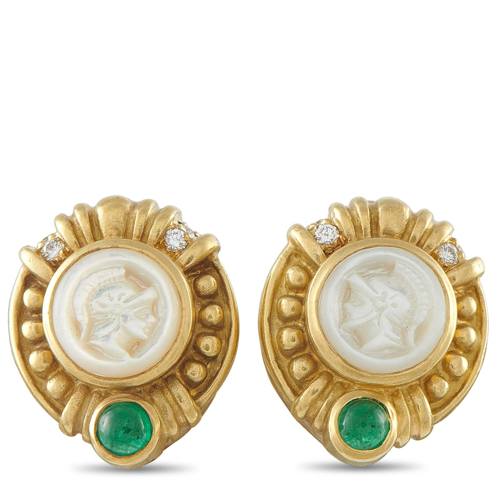 Judith Ripka 18K Yellow Gold Diamond, Emerald, and Mother of Pearl Clip: These Judith Ripka earrings are filled with exquisite details. Carved Mother of Pearl at the center exudes vintage inspired elegance, while Diamonds and Emerald cabochons add an additional touch of lu