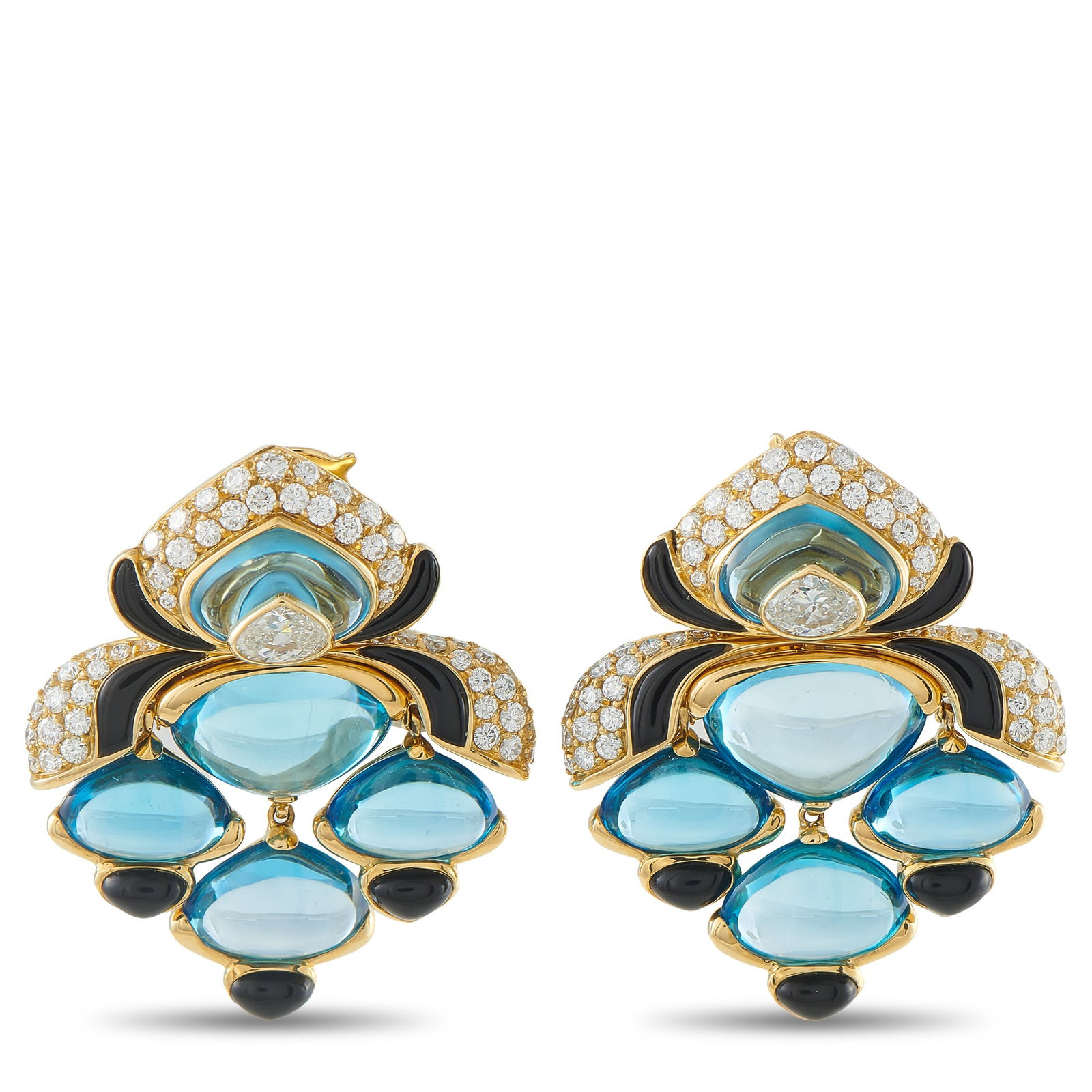 Marina B. 18K Yellow Gold 4.50ct Diamond, Topaz, and Enamel Clip: These Marina B earrings are instantly eye-catching. Vibrant blue Topaz gemstones contrast against black enamel accents. Sparkling Diamonds with a total weight of 4.50 carats provide the perfect finish